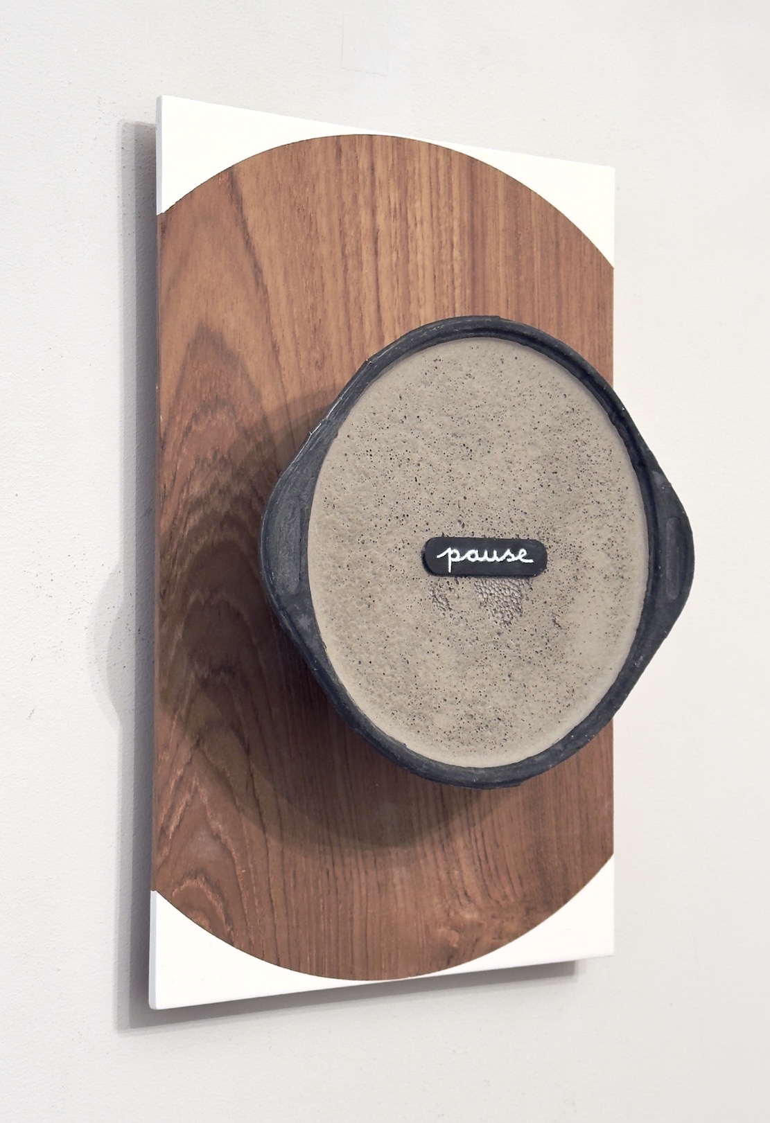 &ldquo;For old times&rsquo; sake 3, progressing&rdquo;, 2026, acrylic and colour pencil on teak wood panel, cement, plastic bowl, magnet and metal plate, 30 x 20 cm.