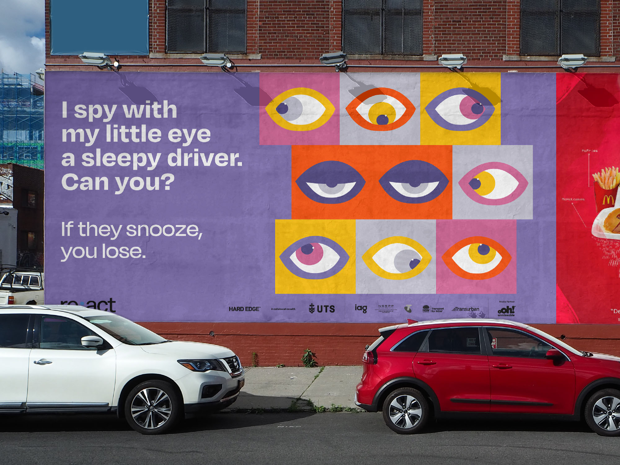 In this project, I created a campaign to raise awareness of driver fatigue amongst young drivers. I aimed to create a sense of accountability in a playful manner based on the idea that people play games such as I Spy in the car. The campaign encourages passengers to look out for fatigue in the driver, who may not realise they're tired until it's too late.
