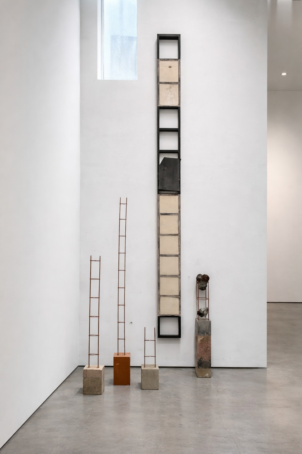 Perla Krauze Ascenso y Descenso  2020- 2026 Lead sheet, wood, fabric, and acrylic; rods, cement, and stone Variable dimensions  From series &ldquo;Para subir al cielo&rdquo;