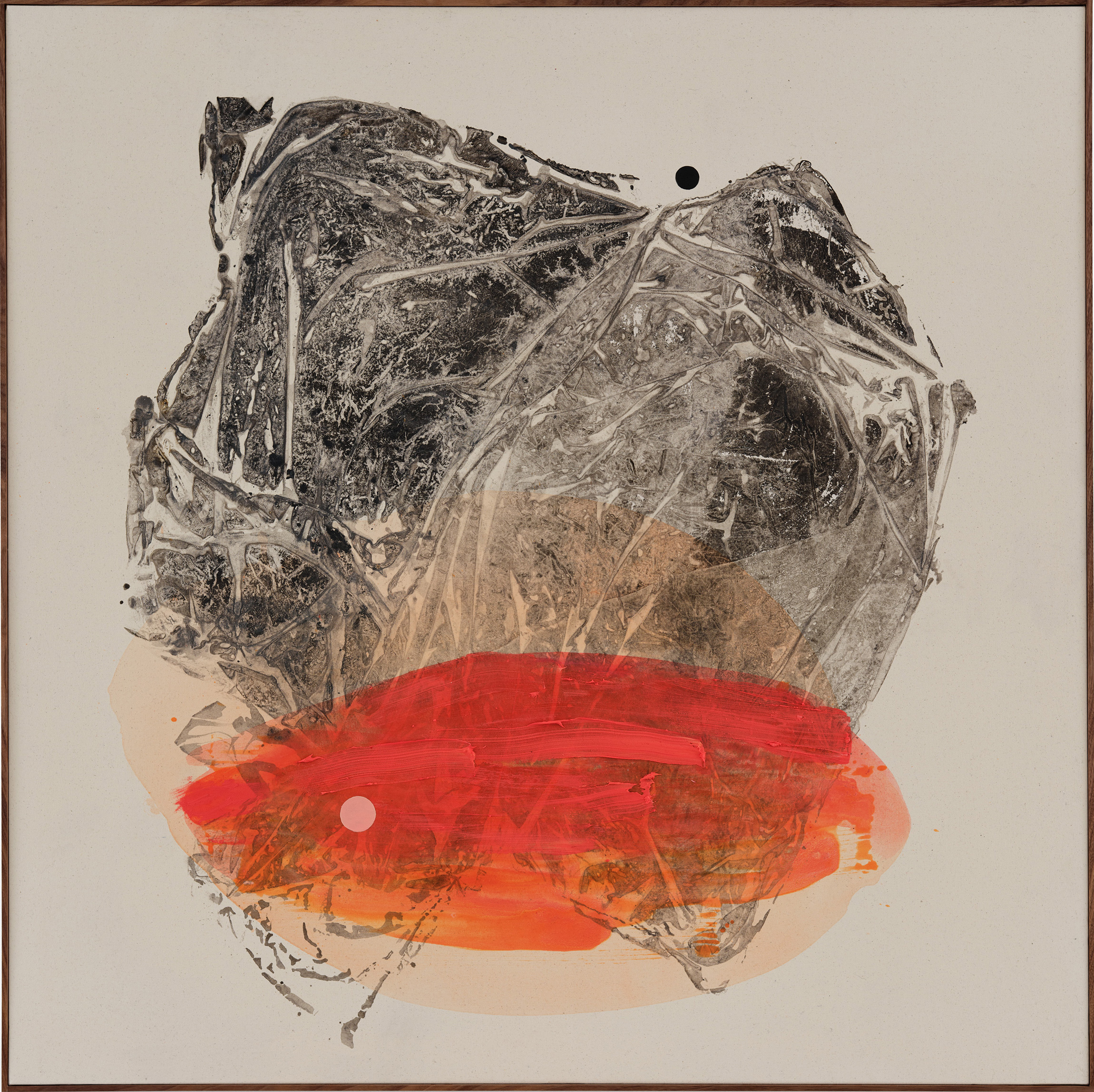 Facing Scarlet, 2022, acrylics on canvas, walnut frame, 154 x 154 cm