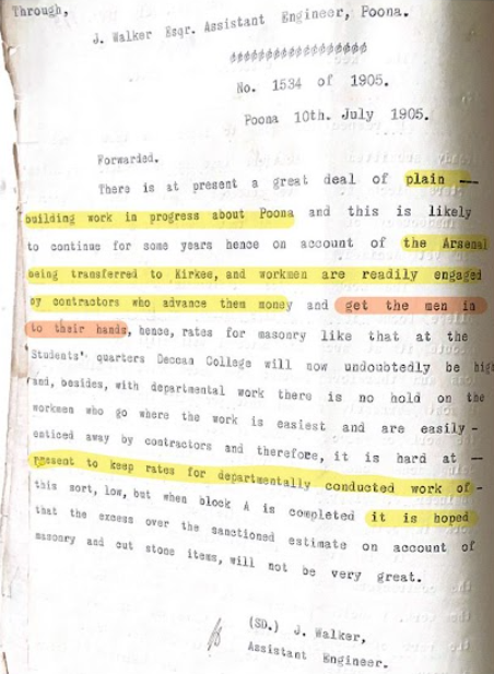 Letter stating difficulties in getting labours with native contractors (1905)