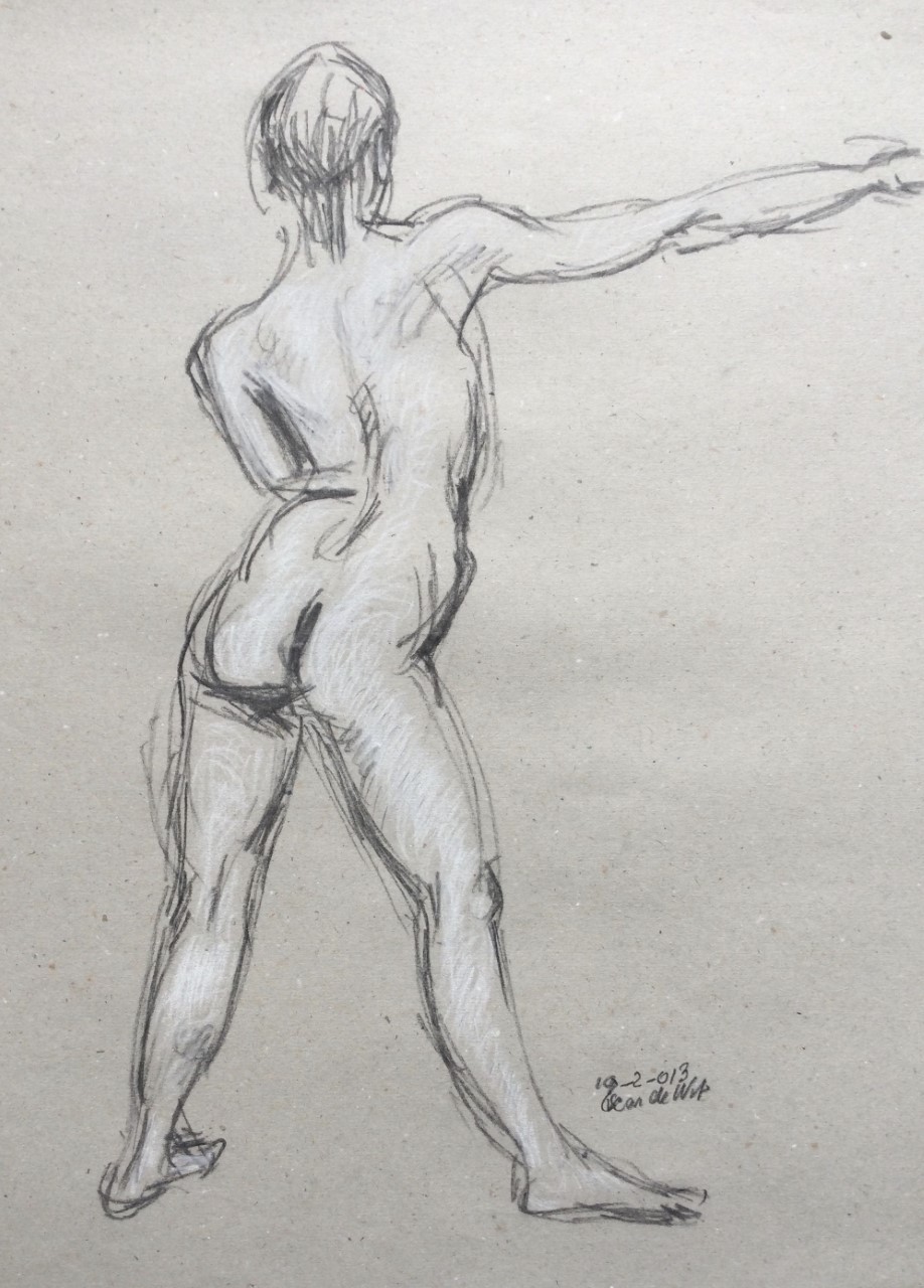 Naakt met gestrekte arm 2013 - colored pencil on grey paper 35x25 cm