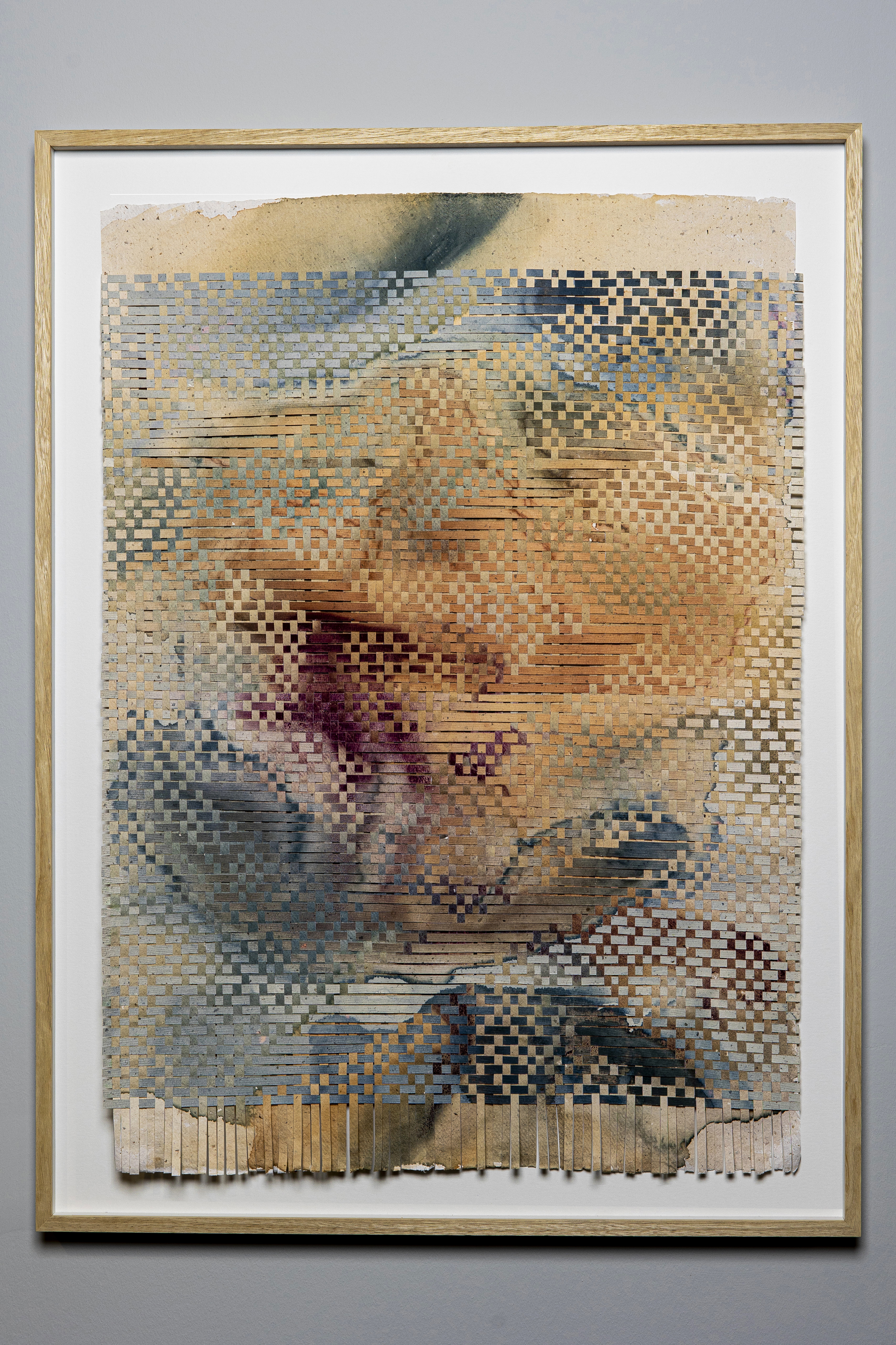 The sky and all the colors, 02, woven painting, cotton paper, natural inks from indigo, onion skins, red cabbage, mulberry and safflower 25.5’’x 34’’ (framed), 2021