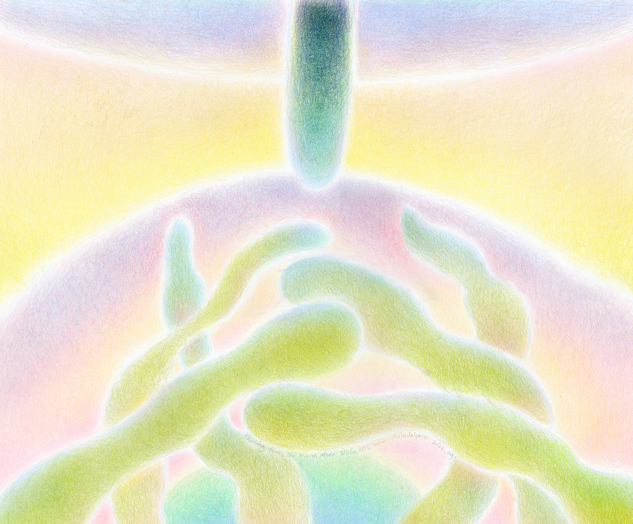 Shuling Guo, One month after Nola was born, Philadelphia, 2022, colored pencil on paper, 17 x 14 inches