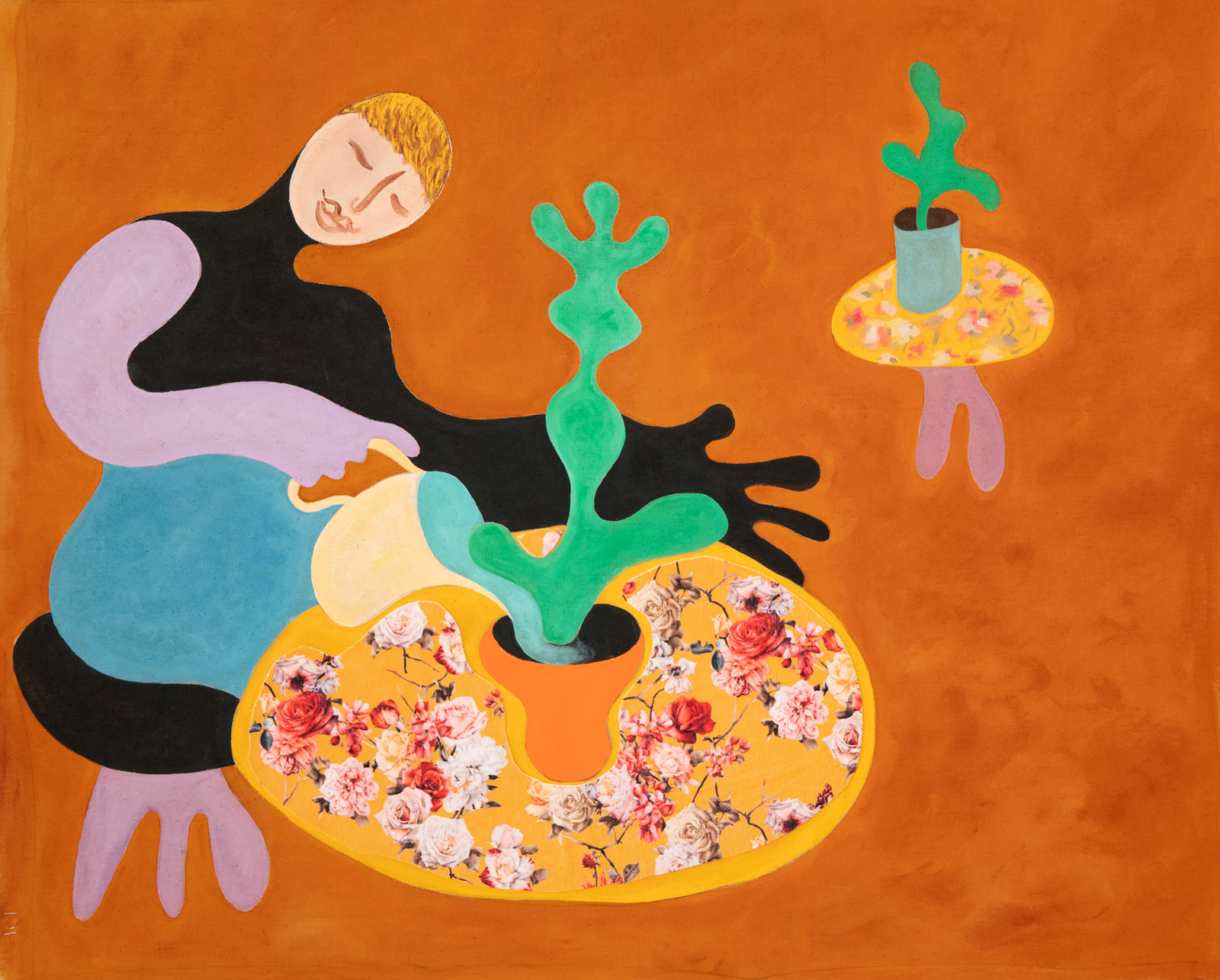 Watering the plant, 2019 Acrylic and fabric on canvas140 x 100 cm