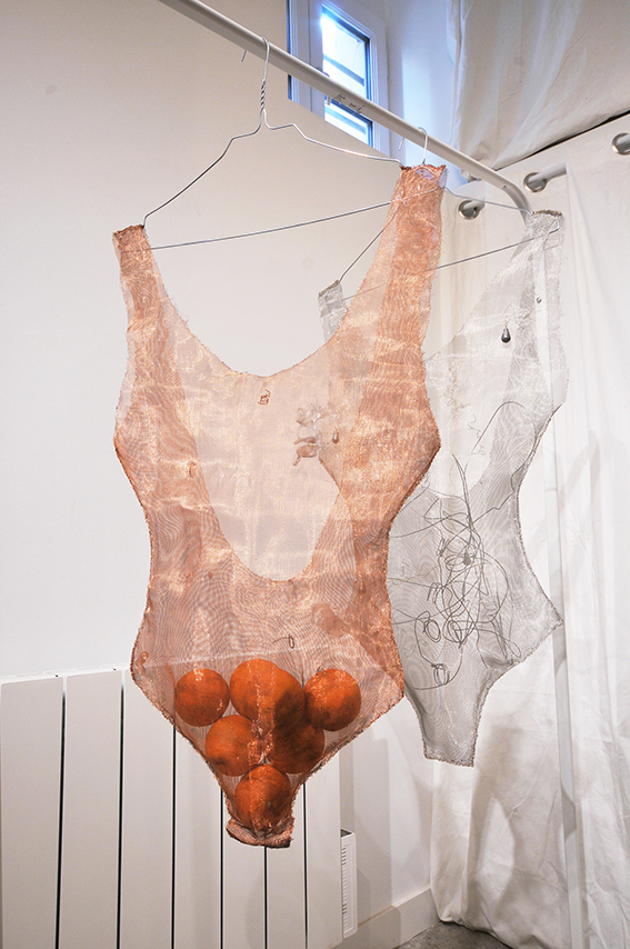 Air Net, 2015, Steal mesh, shells, steal wires, Internet cables, crystal earing / Air Net, 2016, Copper mesh, copper wire, oranges, wax