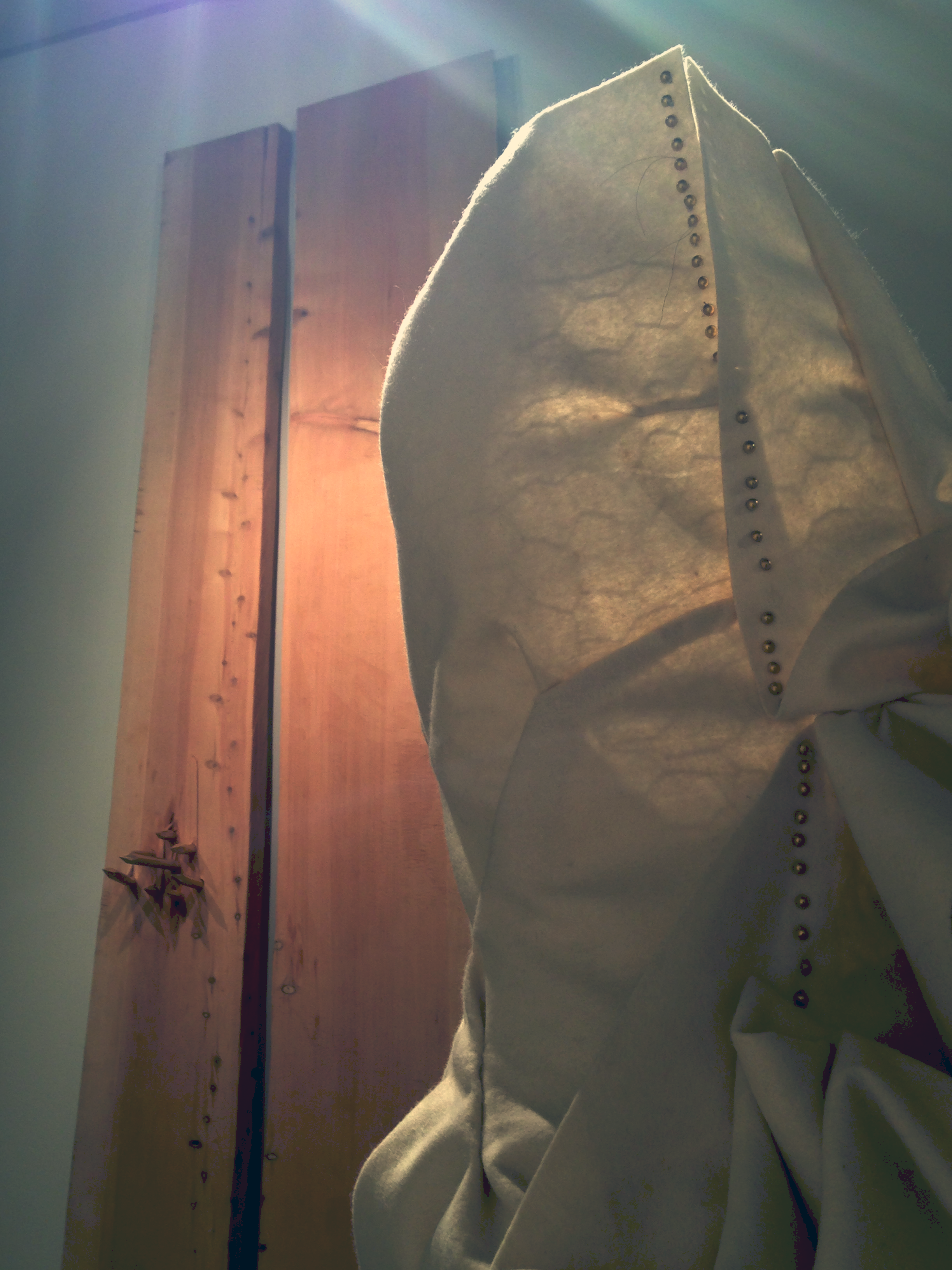 4/11 – JOHN AND MARY.Undyed, fire-resistant wool felt, brass, buttons, wire, sonotube, concrete. 140 cm x 320 cm x 30 cm variable, 2013.