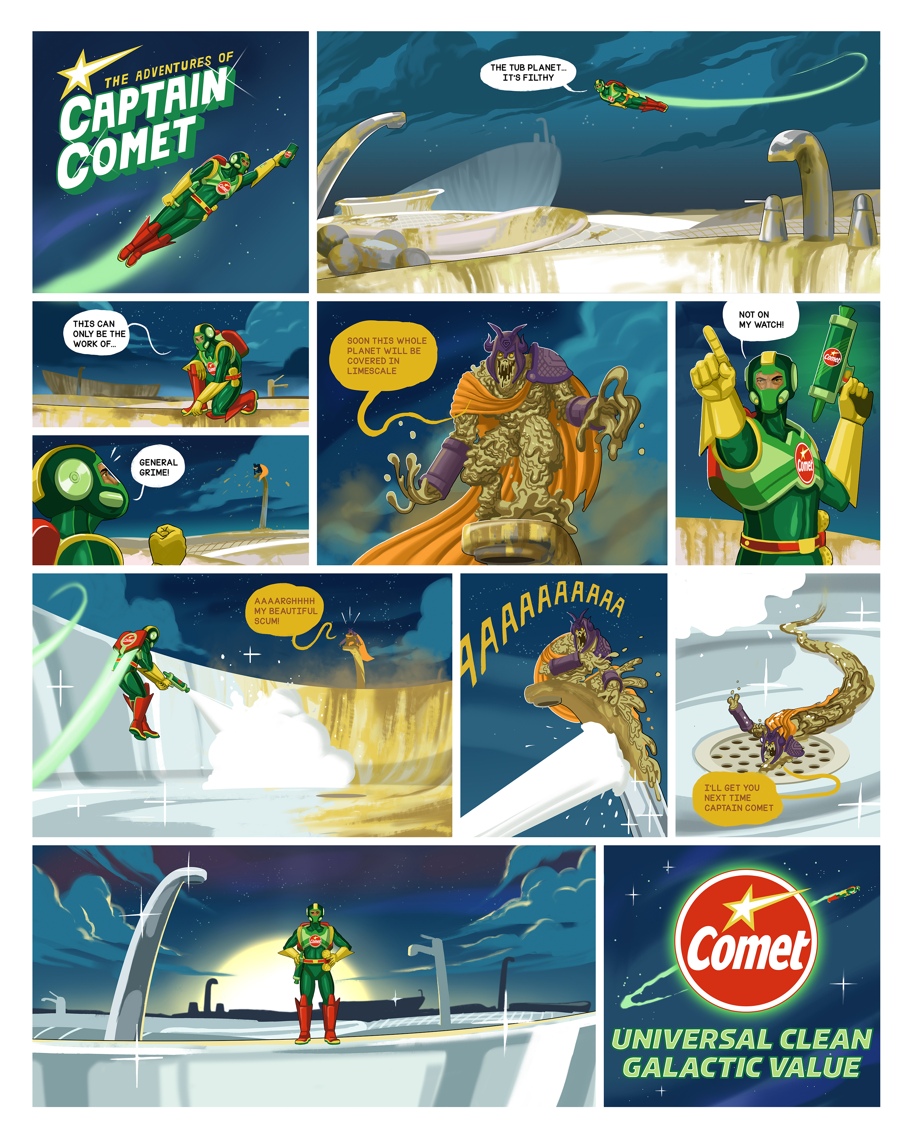 The tales of the heroic Captain Comet, fighting against his greasy nemesis, General Grime. 2 Comic shorts for Comet cleaning products.