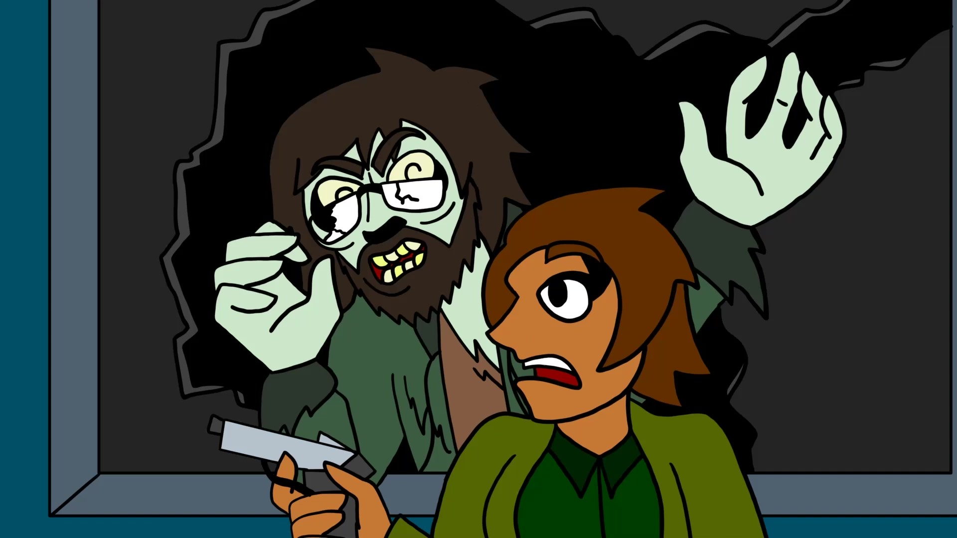 Screenshot #2 from ZACS movie trailer, Animation still made in Toon Boom Harmony & Adobe Premiere Pro, 6.25x11 inches, 2023