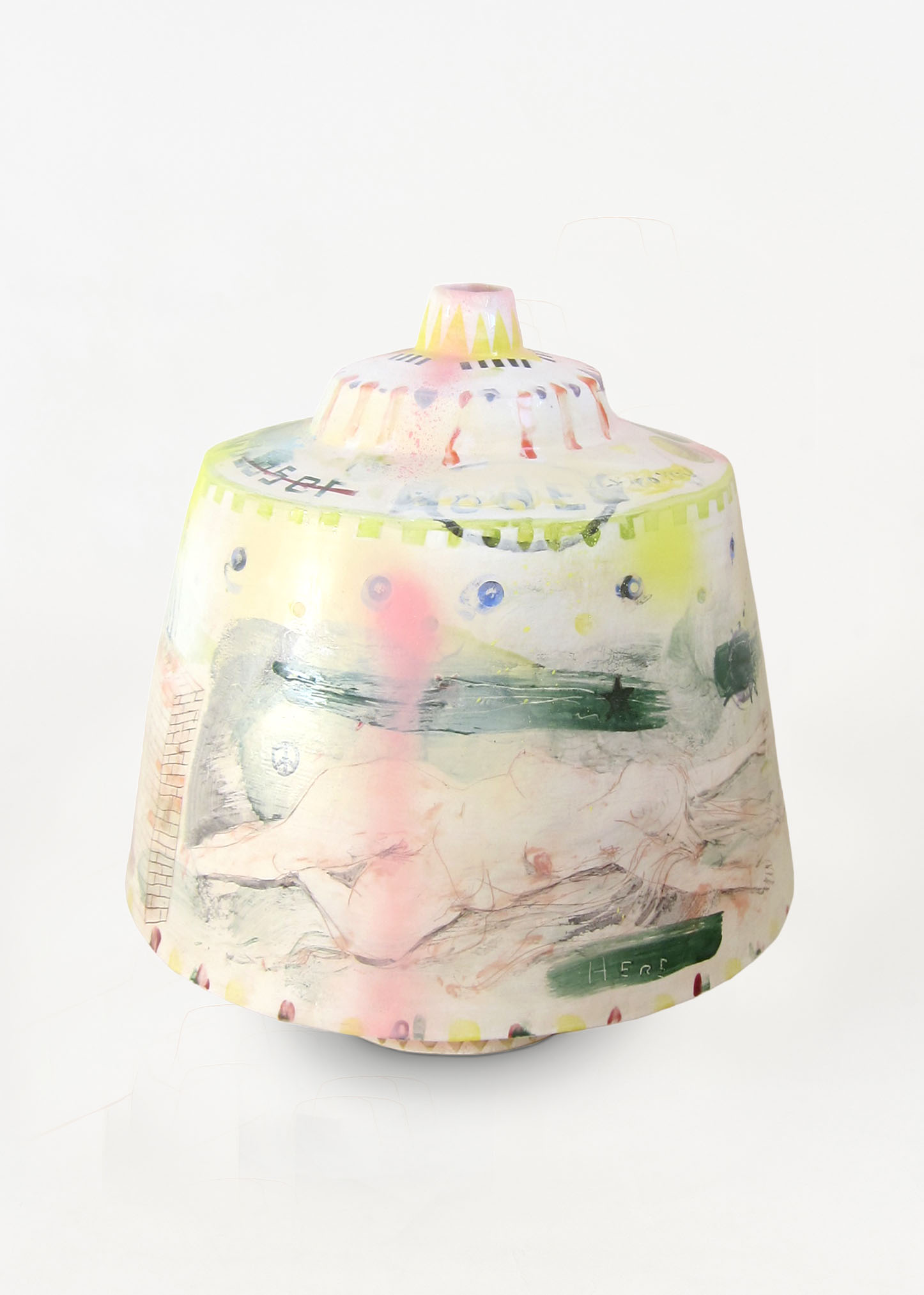 At the bottom of my heart  No 19, 2024/2026 Hand-built, stoneware  engobe, transparent glaze, spray paint 45 H x 38 &Oslash; cm