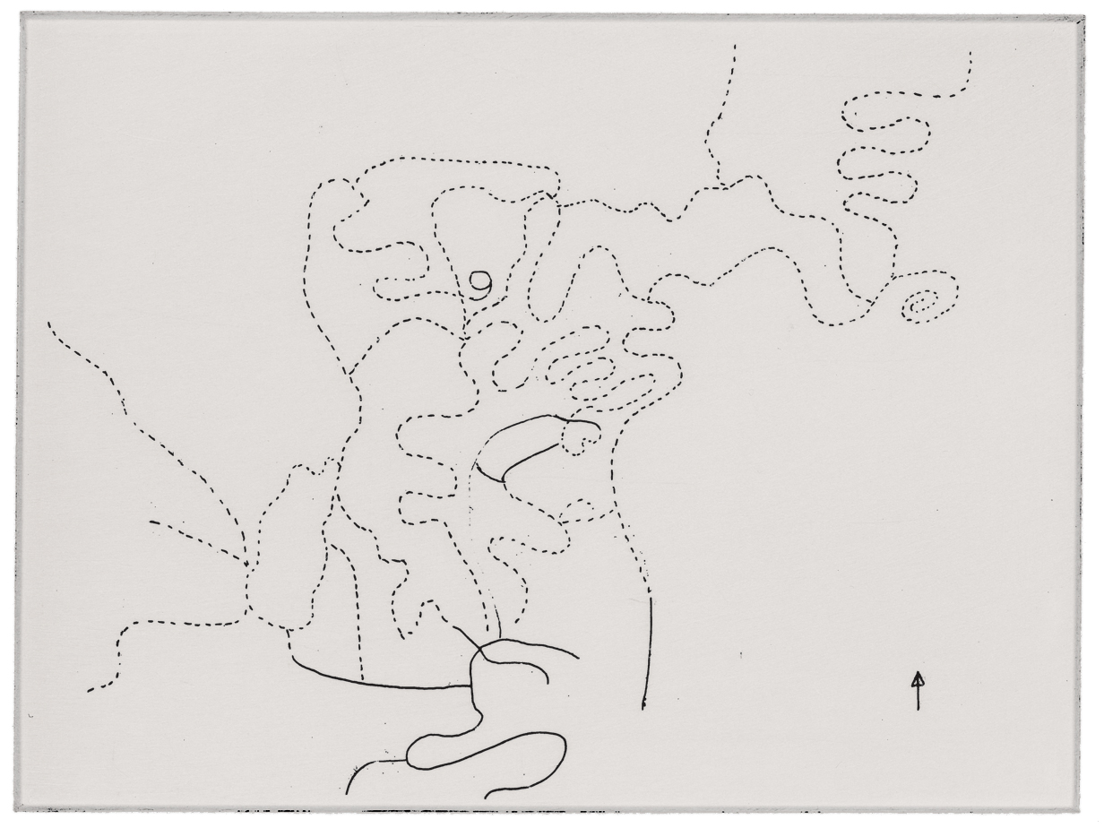 Map of Trails in Griffith Park; Drawn from Memory While Waiting for the Bus in New York City, 2003. Etching; 3 &times; 4 inches