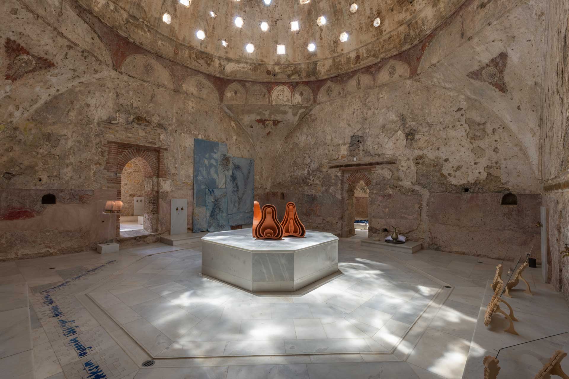 Installation view, My Past is a Foreign Country exhibition, Ottoman Baths, Chios Castle, 2023, courtesy of DEO projects, photo: Nikos Alexopoulos