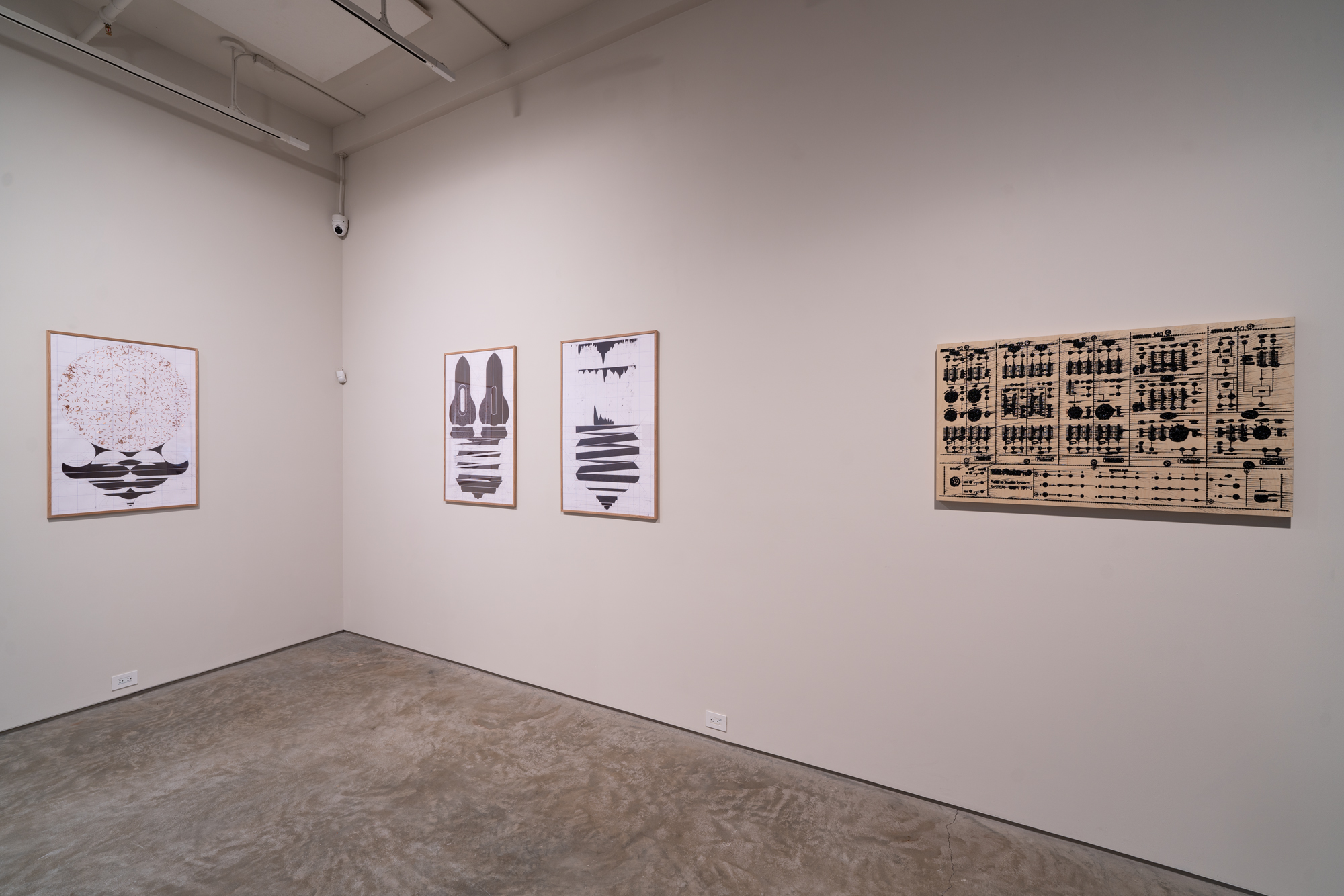 "Ars Memoriae" installation view of artworks by Jean Katambayi Mukendi (left) and Analia Saban (right). Image by Rob Ventura.