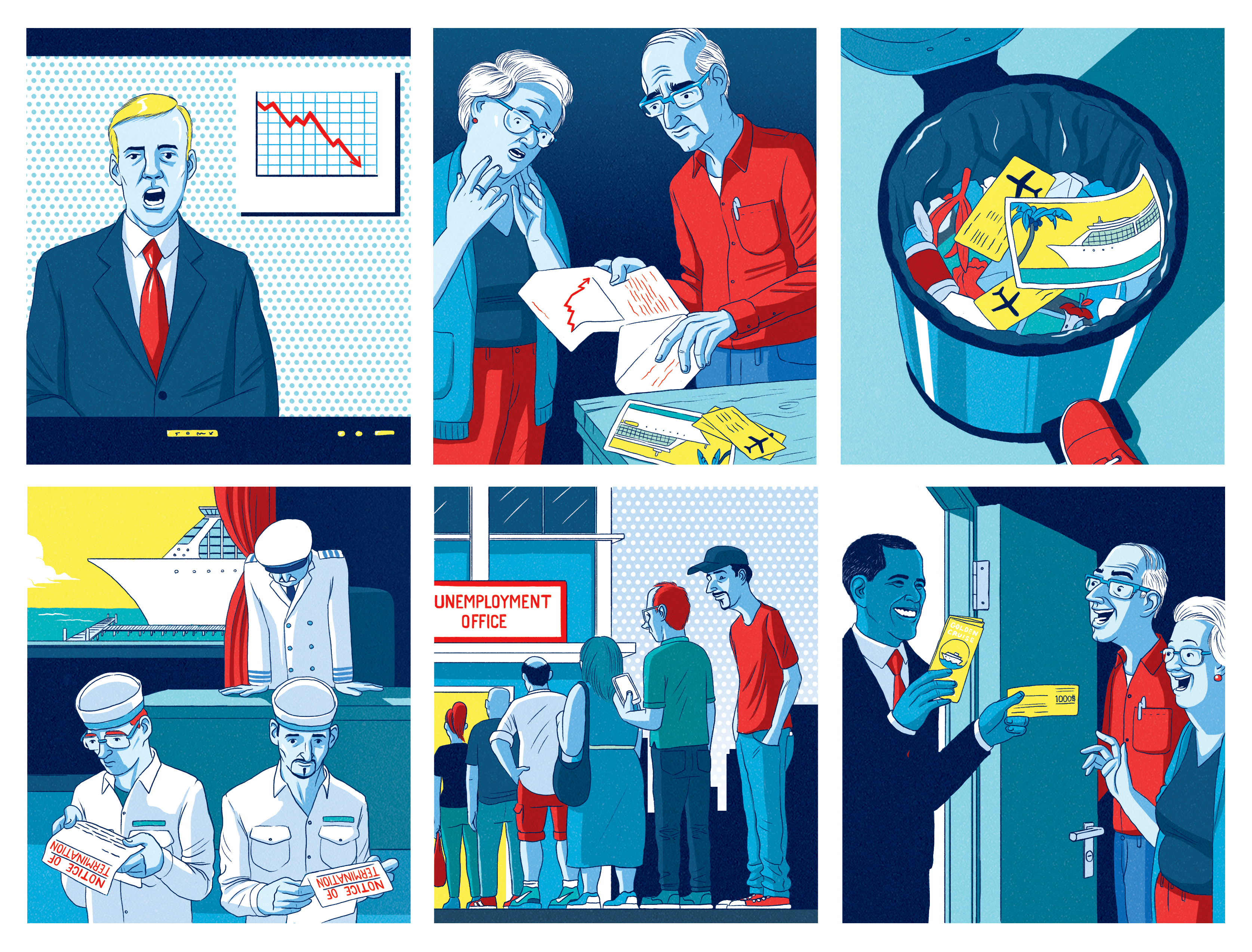 Series of illustrations for an article interviewing prof. Roger E.A. Farmer, who explains the connection between negative quarters in the stock market to the rise in unemployment in the U.S, and offers a solution that could help resolve a looming economic crisis. Calcalist. February 25th, 2016.