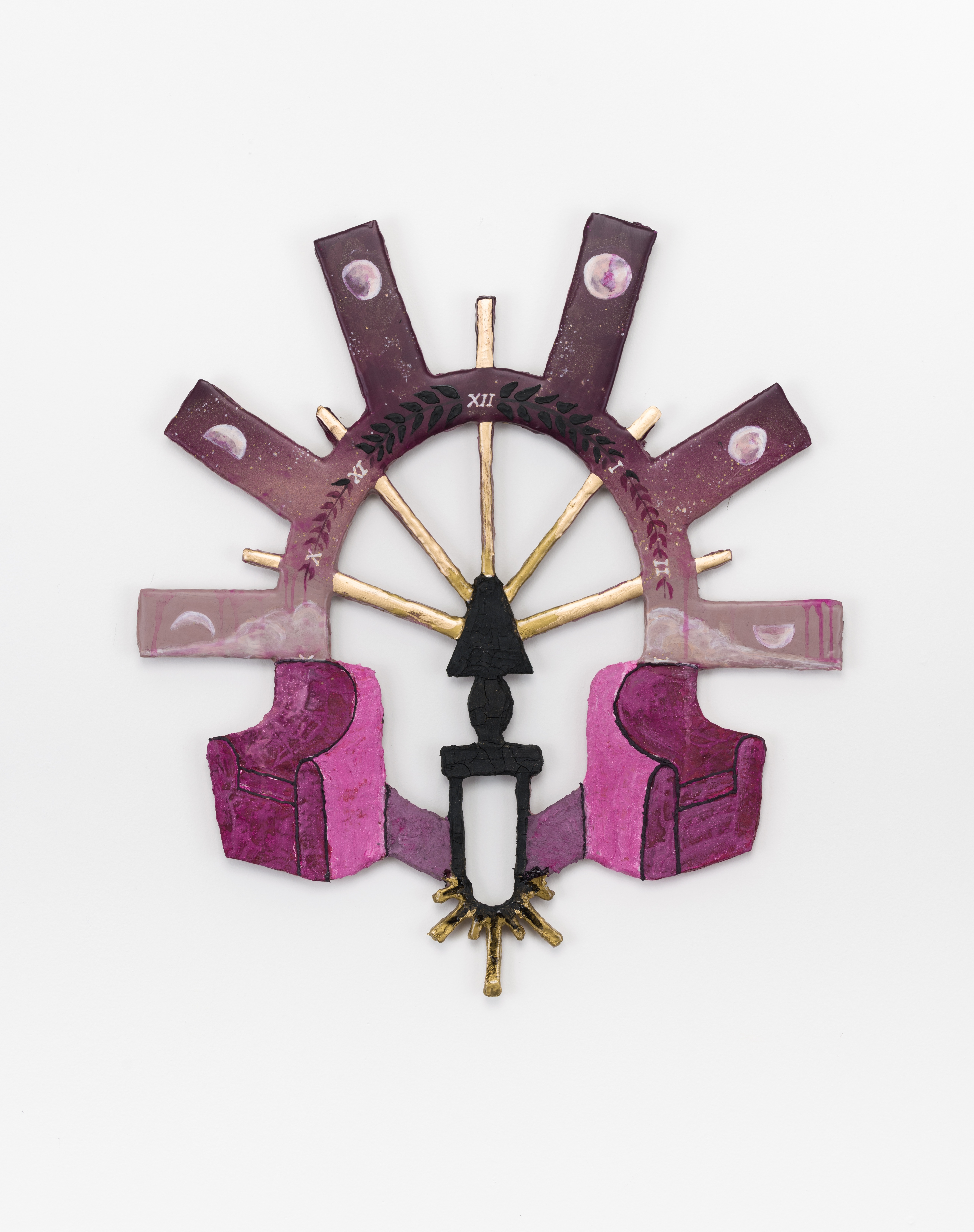 A Border Between Time and Living Rooms, 2022, Expanded Painting (wood, plaster gauze, acrylic, resin, spray paint, gold marker) 27"[h] x 24"[w] x 1⁄2"[d]