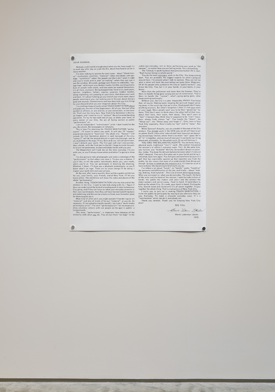 Mierle Laderman Ukeles, "A Whole World," 1979/2023, from TOUCH SANITATION, Artist's Letter of Invitation Sent to Every Sanitation Worker with Performance Itinerary for 10 Sweeps in All 59 Districts in New York City, 1979 Page 2 of a 4 page printed brochure, 11 x 8 1/2 inches. Photo by Etienne Frossard. 