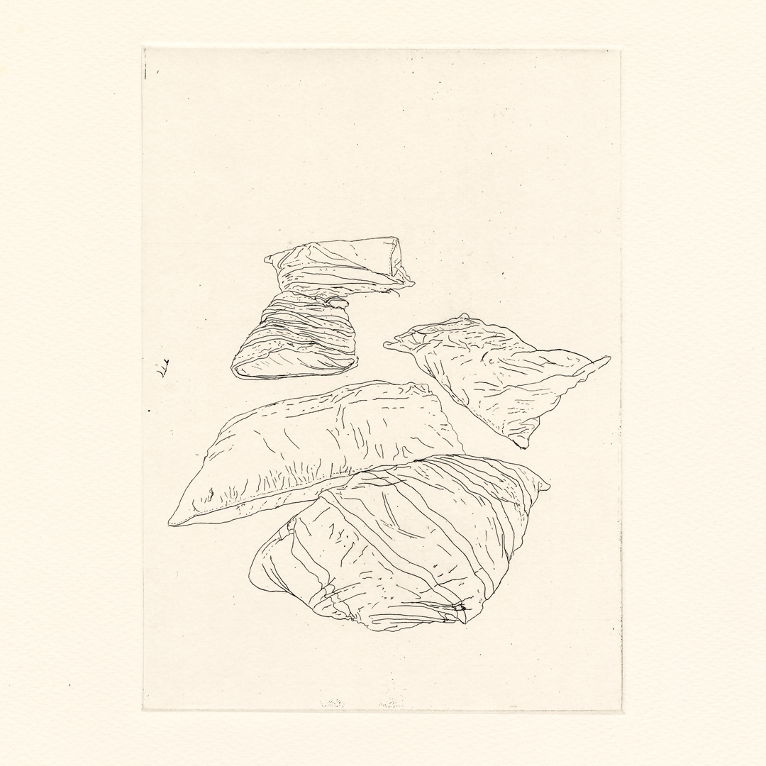 Our Pillows (Saturday at 11:23 AM), 2021, etching on paper, 9" x 12"