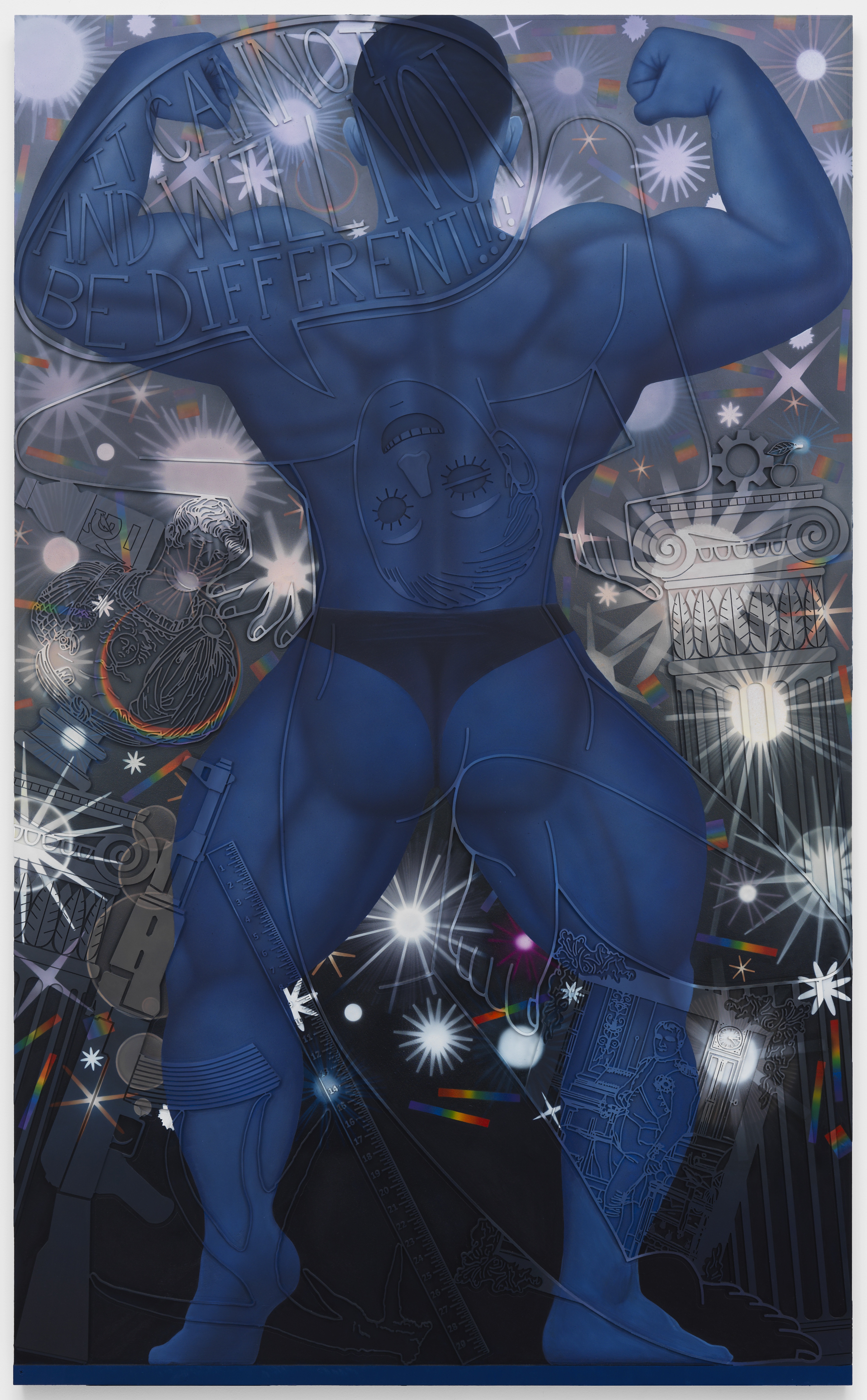 Strongman (Cherry), oil, acrylic and laser-cut plywood on canvas-wrapped panel, 72" x 42", 2023