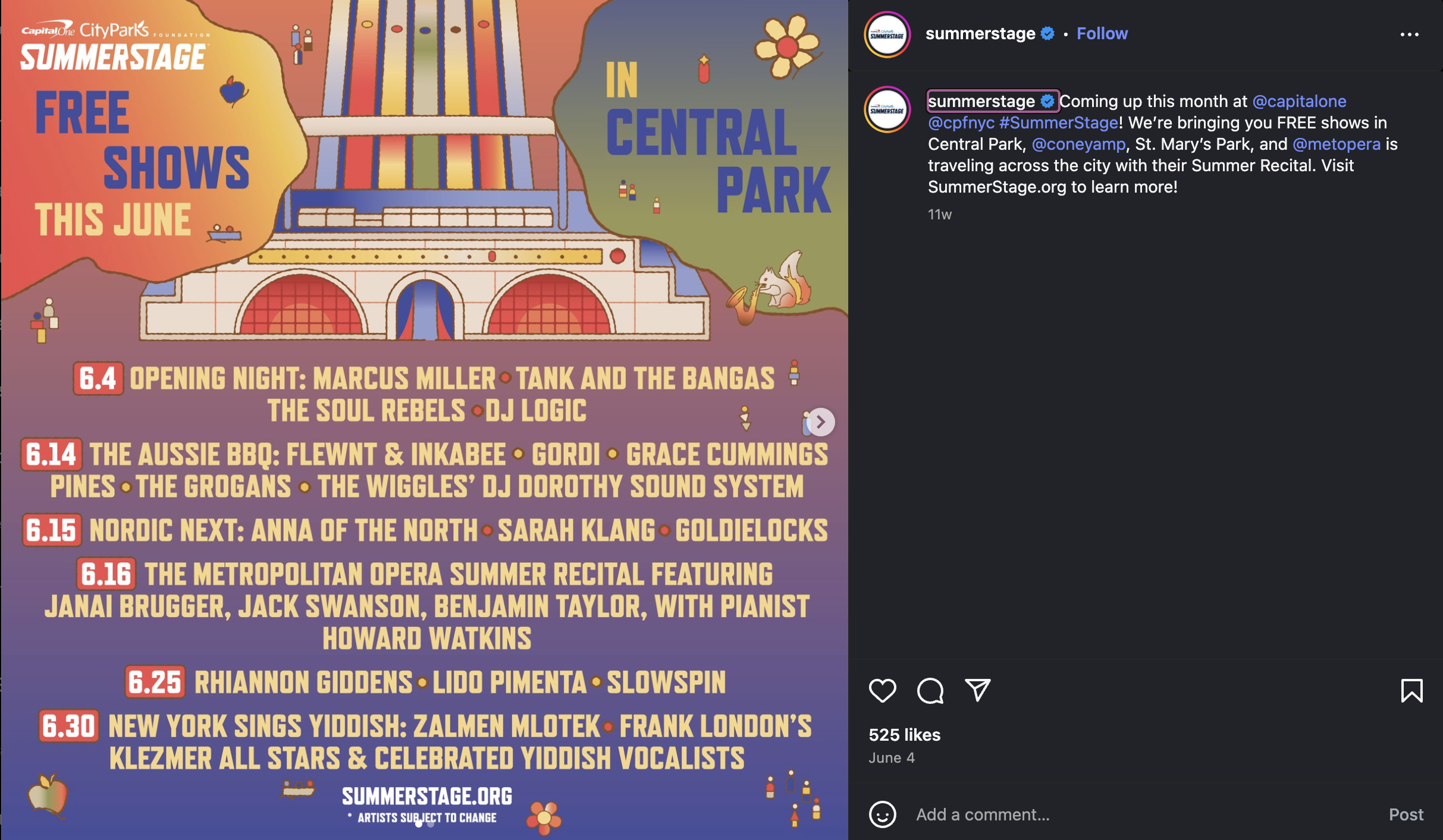 Social Media assets designed for City Parks Foundation's SummerStage festival