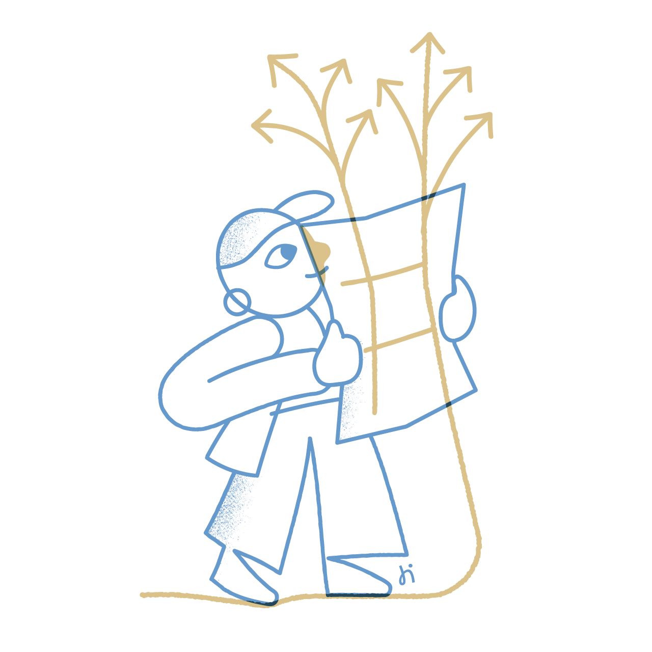 Line drawing of a smiling person walking while holding a map. From the map grow delicate lines that turn into arrows, like branches of a plant pointing in many different directions — a metaphor for exploration and creative curiosity.