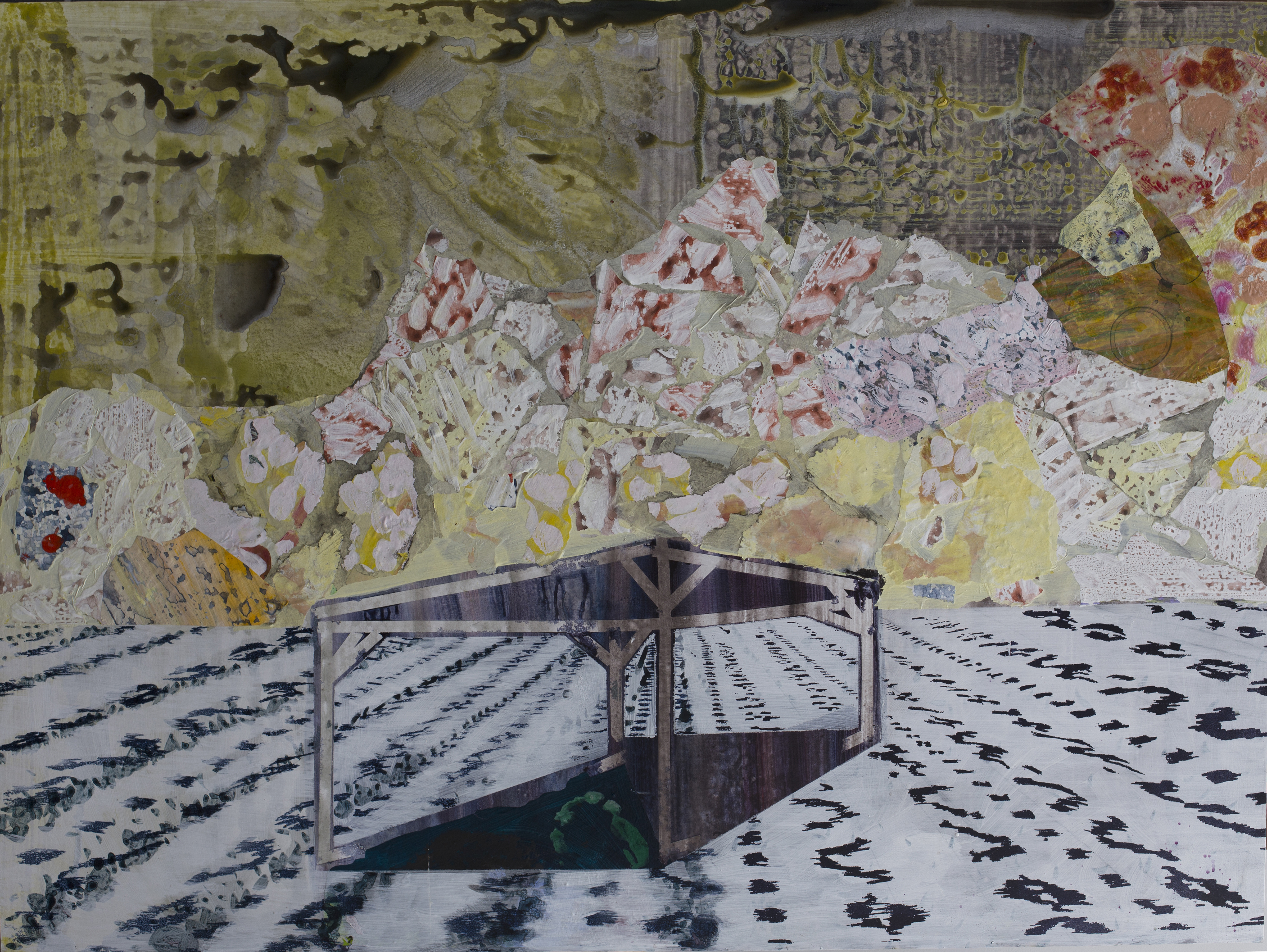  Shade Structure, Acrylic, paper and screen print on panel, 40"x54," 2014