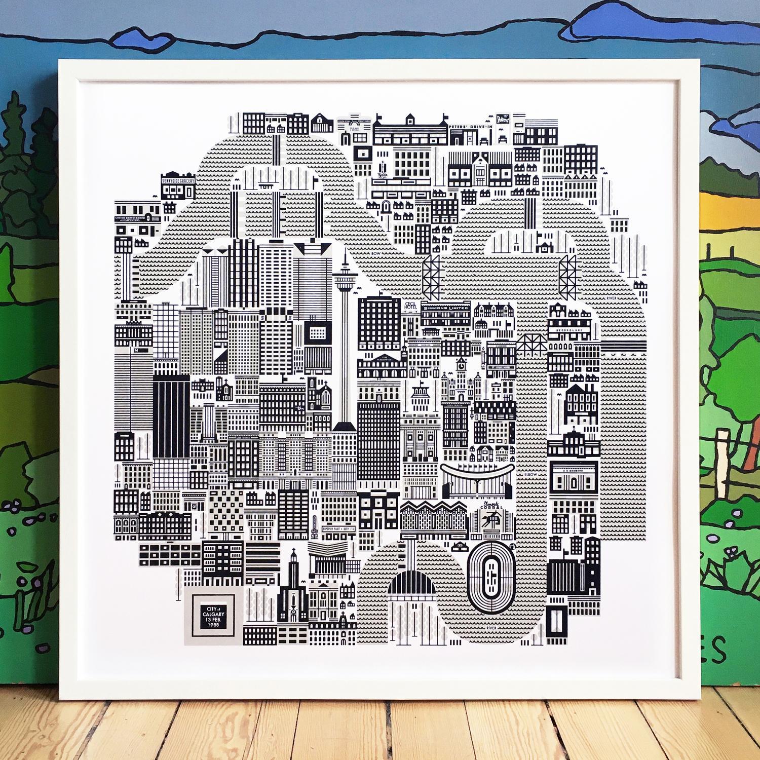 Black and white illustration of downtown Calgary, Alberta, Canada in 1988.