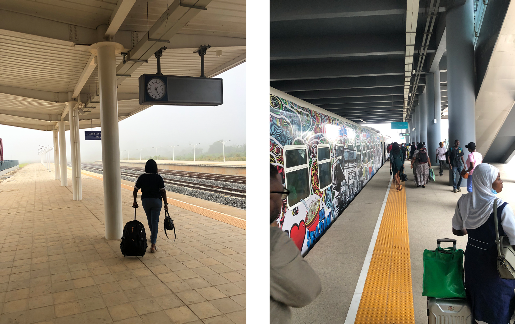 Woman waiting for the train at Ladoke Akintola Station Omi- Adio, Ibadan and passengers arriving at Mobolaji Johnson train station in Lagos.