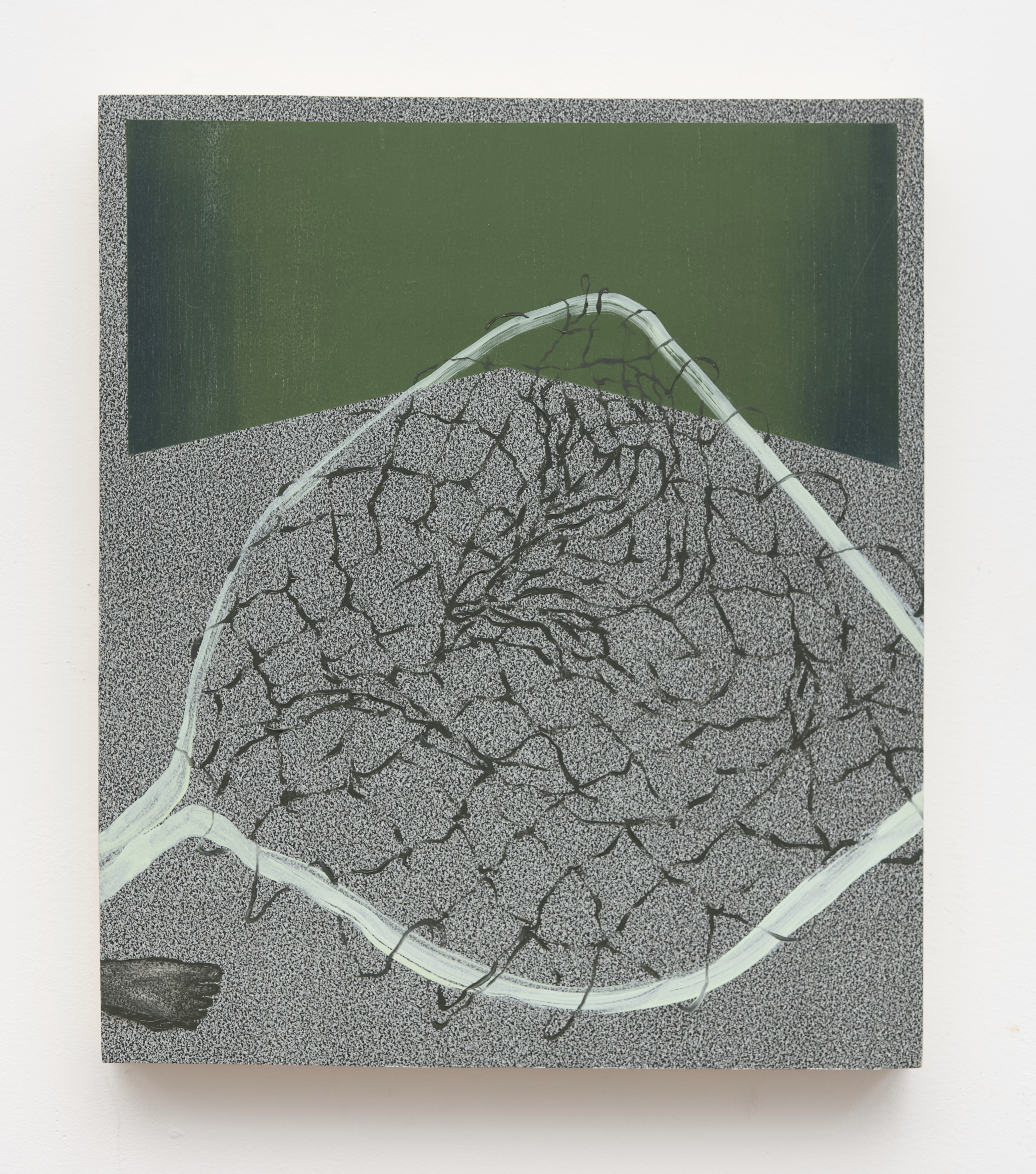 Net #3, 2024, Oil paint and contact paper on board, 20”x22”.