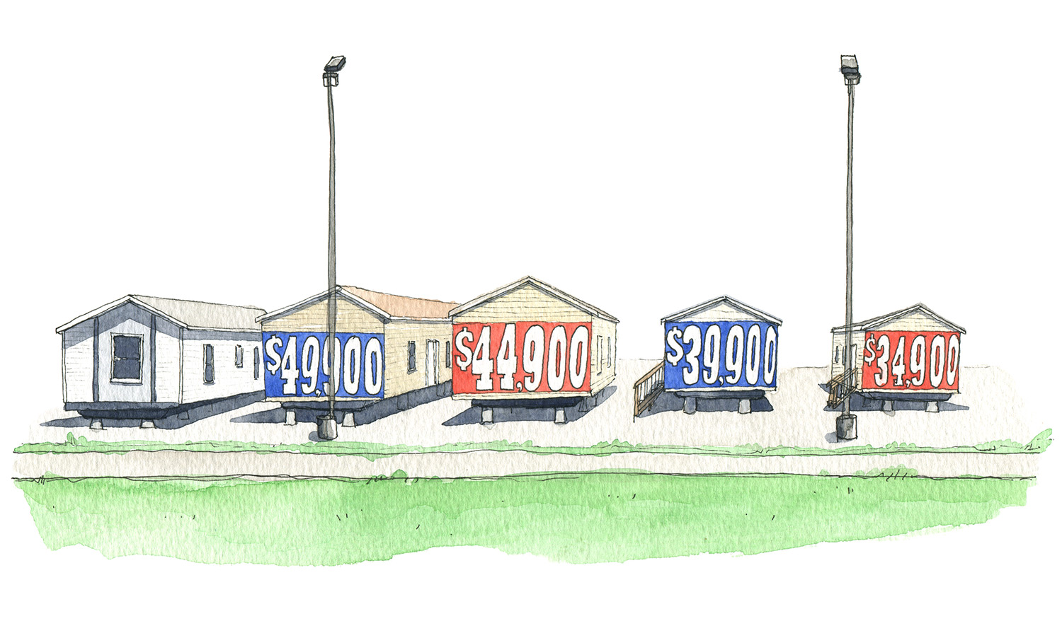 Mobile Homes with Prices, pen and watercolor 8x10"