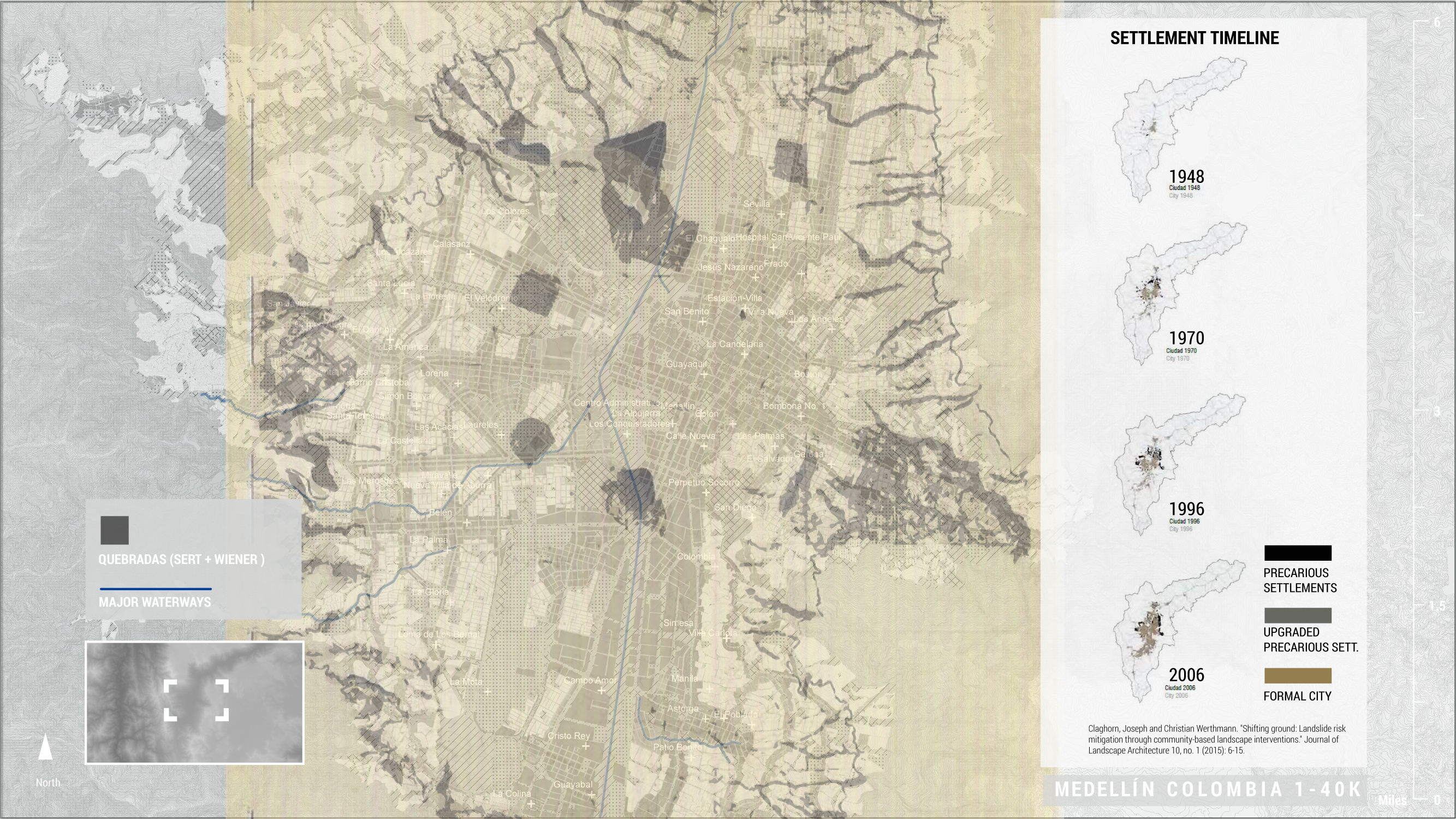 Figure 5. Many of Medellín’s residents started to establish informal settlements in these areas deemed “undevelopable.” Viewing these settlements as a source of social and political instability, the government would periodically make efforts to incorporate them into the city’s official boundaries, at times by clearing and rebuilding and at others by legalizing tenure and introducing government services (Betancur, 2007).