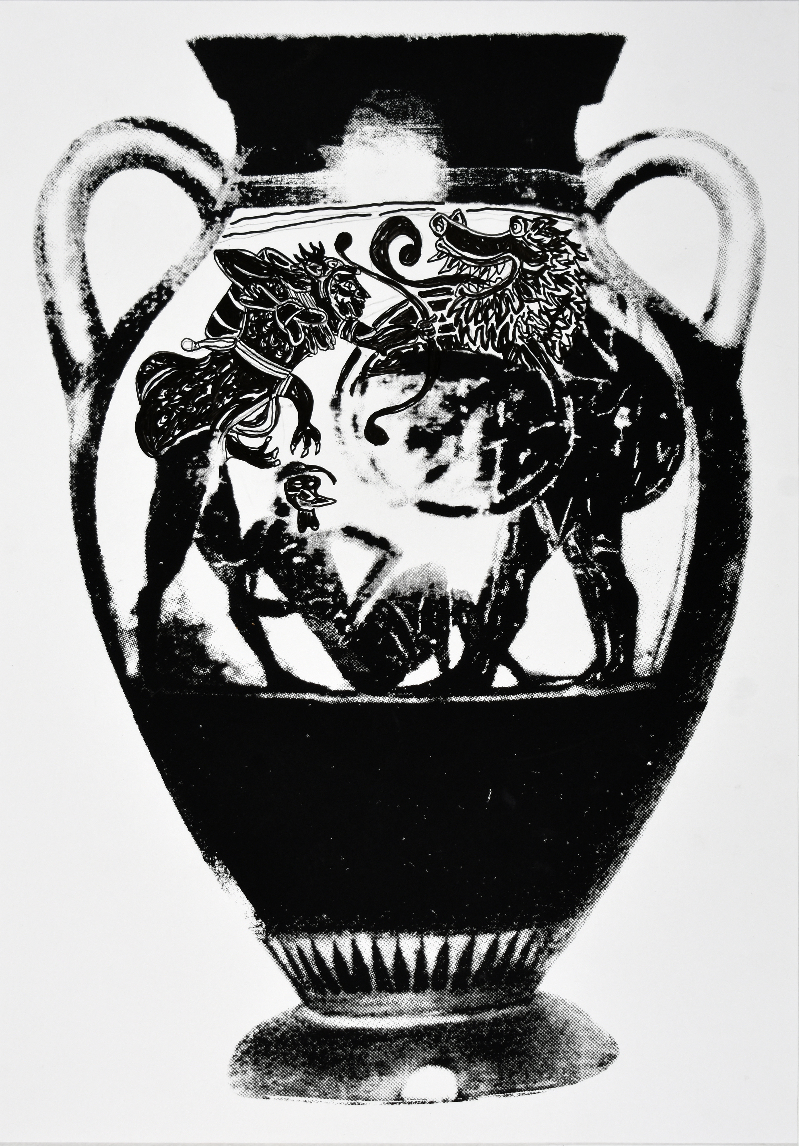 301037 (P.DR.01) A: Herakles and Geryon, Eurytion Fallen. B: Herakles and The Lion Between Athena and Iolaos, Screenprint and acrylic drawing on paper, 17.75 x 12.25 in., 2024