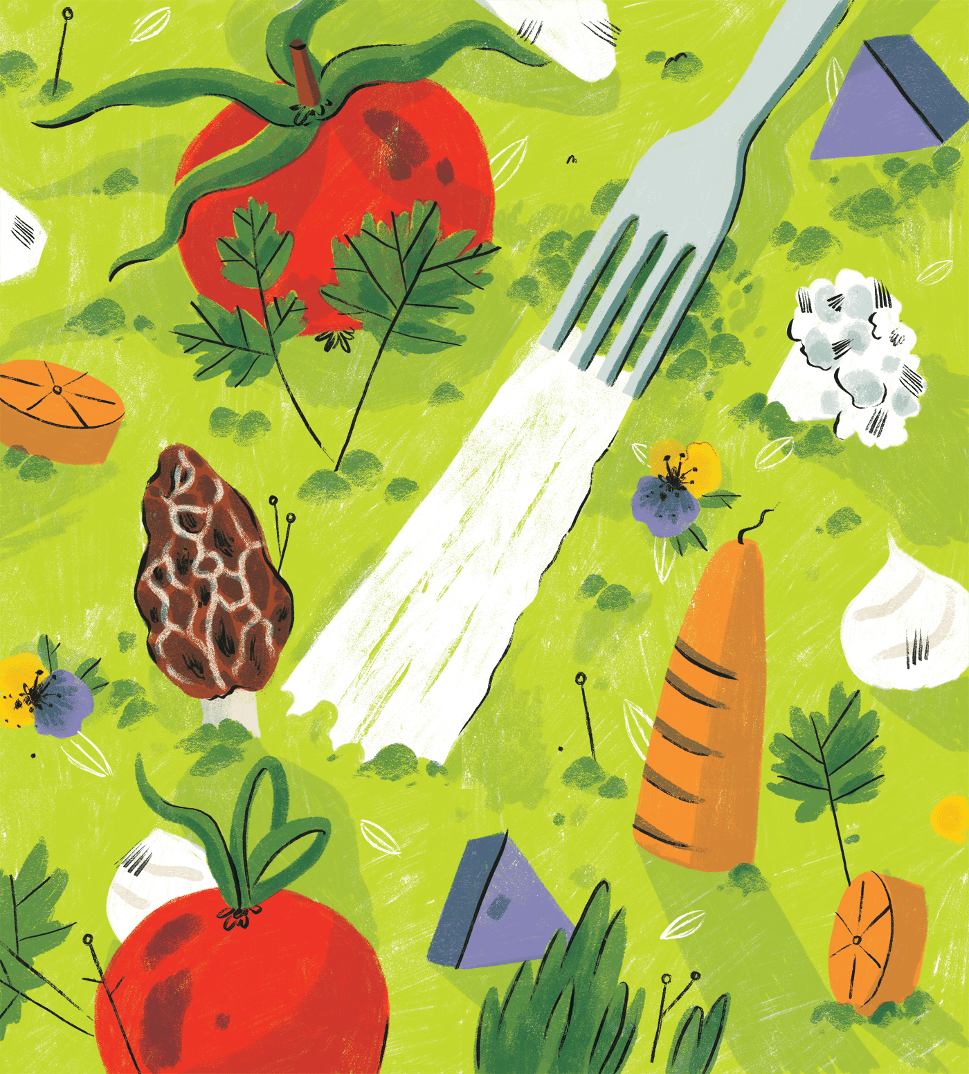 A fork in a gourmet plate, with tomatoes, mushrooms, carrots and edible flowers.