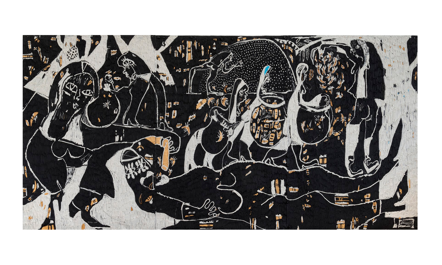 “Keeping Bees” 2017, acrylic on aluminum mesh, 69" x 12' 