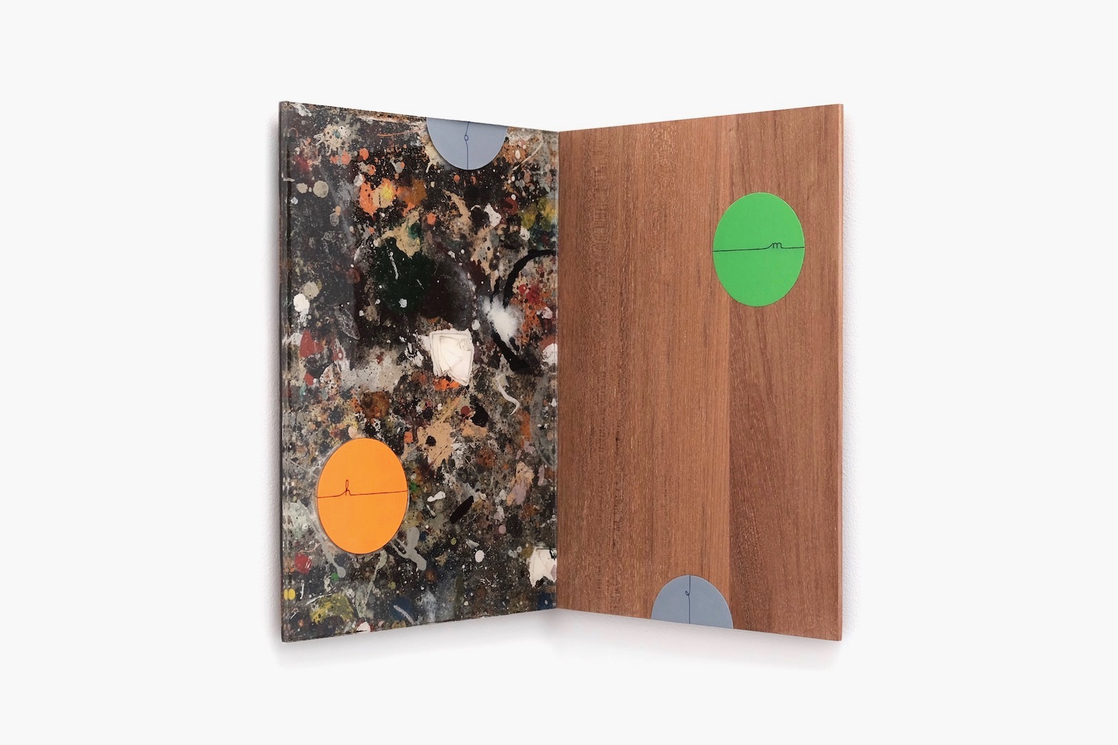 Untitled 2019, acrylic, alkyd, ballpoint pen and epoxy resin on (teak) panel, 35 x 53 cm