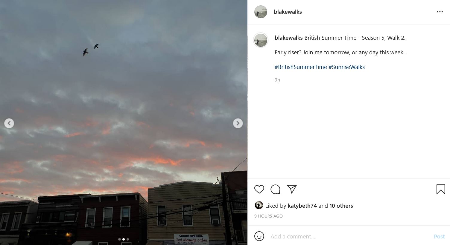 Instagram post by @blakewalks with a row of houses and above an overcast sky with bits of pink reflecting off the clouds. The text reads: British Summer Time - Season 5, Walk 2.  Early riser? Join me tomorrow, or any day this week...  #BritishSummerTime #SunriseWalks