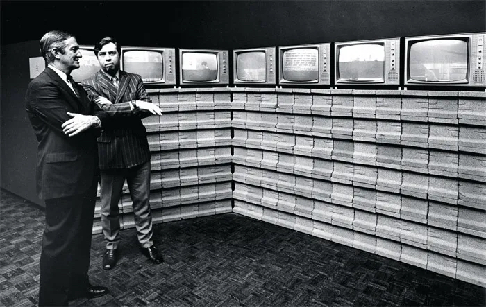 A.I.R., 1968–70, TV monitors, concrete blocks, microwave transmitter. Installation view, Jewish Museum, New York, 1970