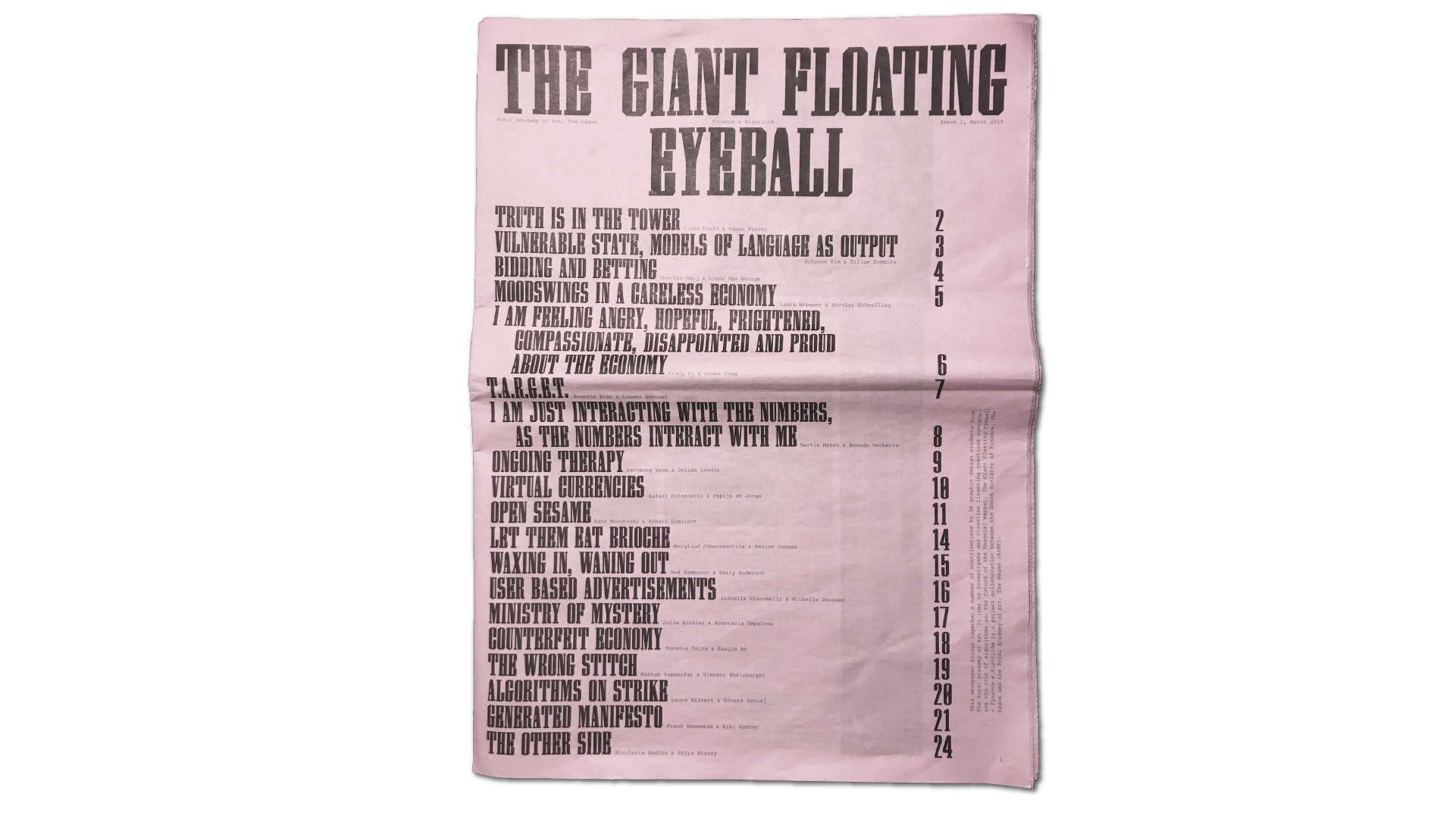 The Giant Floating Eyeball — newspaper design, 2019