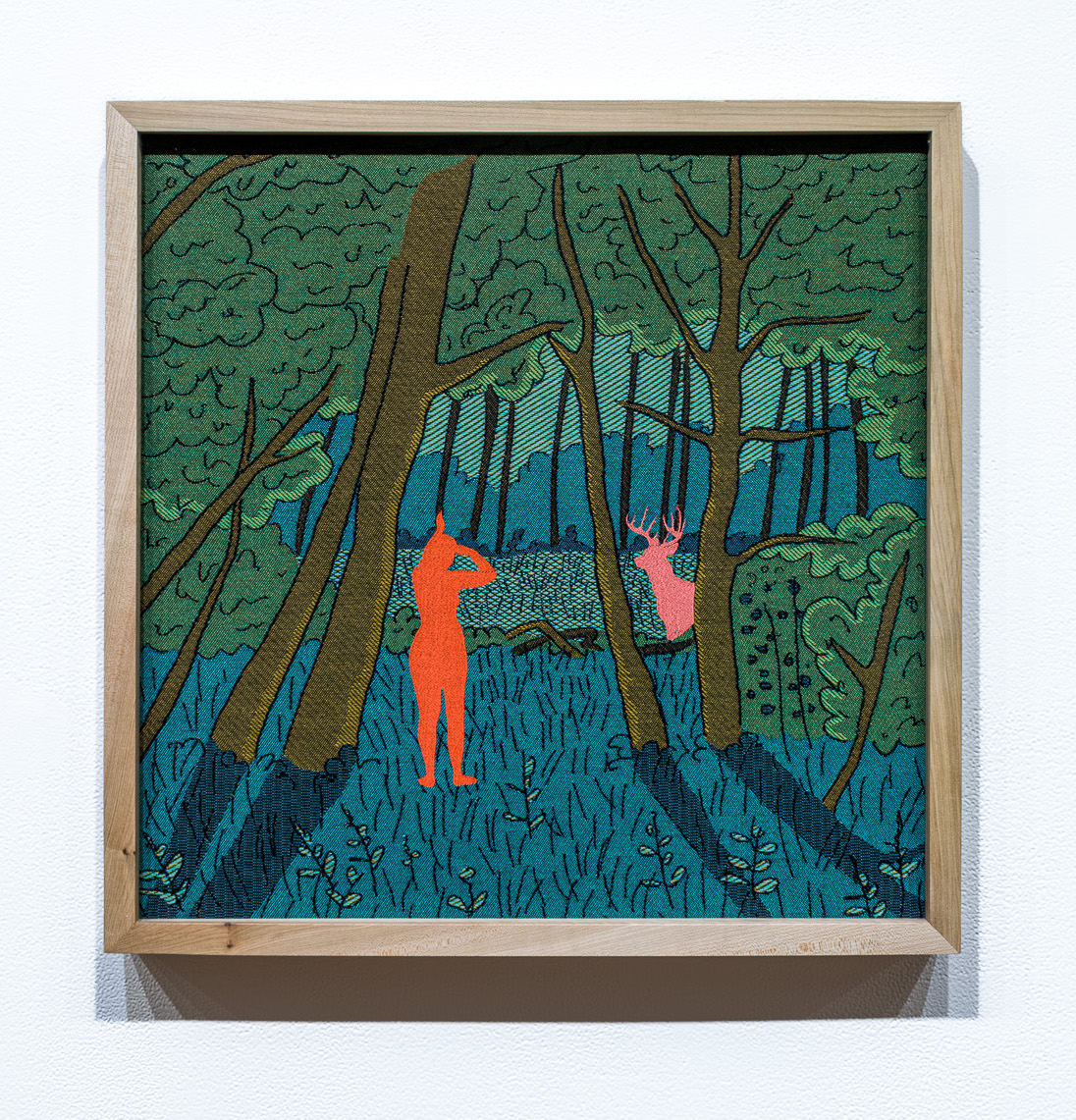 Meeting Site: Clearing, 2023, 20" x 20", Jacquard woven cotton and rayon with cotton embroidery