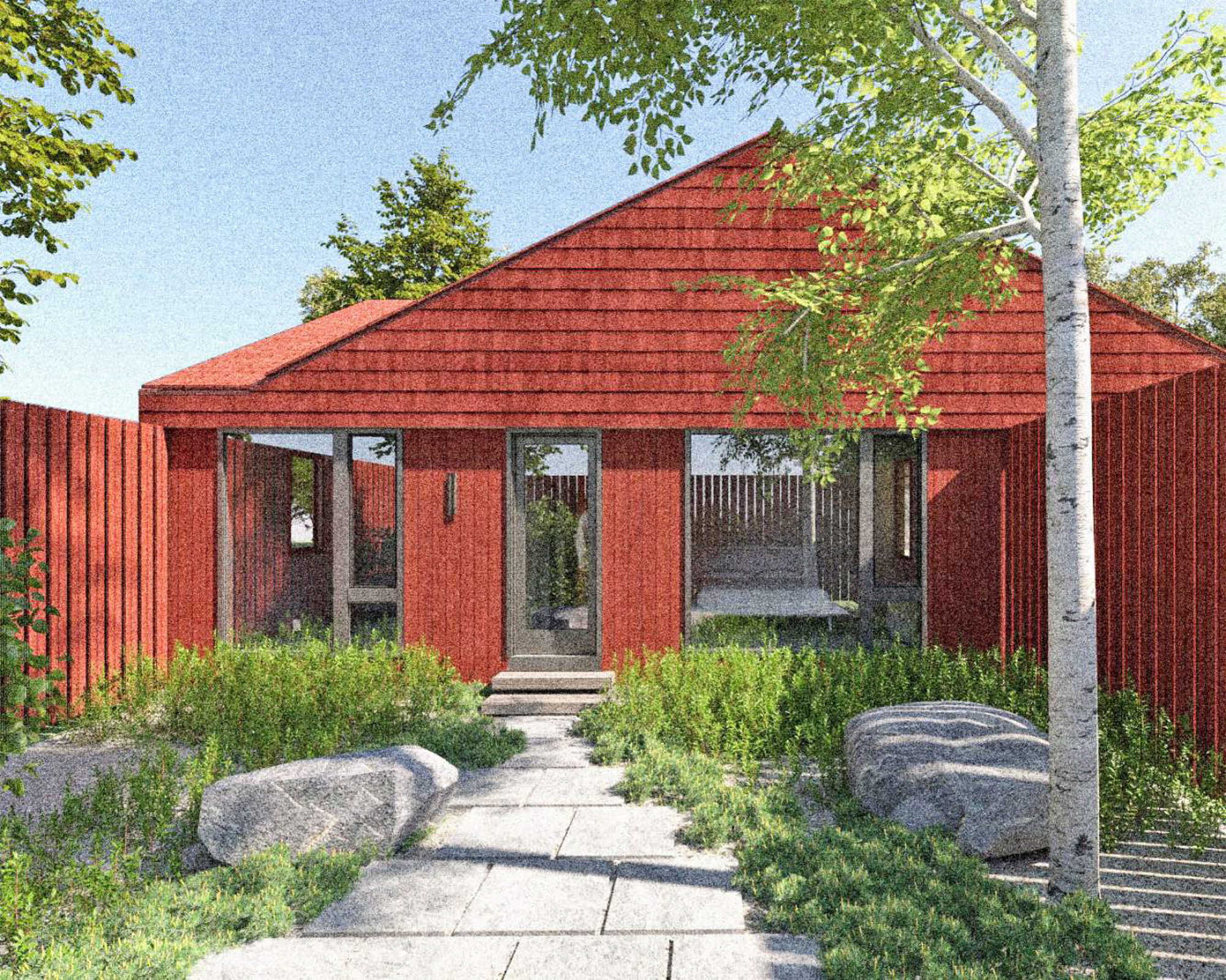 Exterior rendering of the Red House main entry, featuring the bold red horizontal cladding, a stone pathway, and natural landscaping with large boulders, embodying the blend of engineering and art.