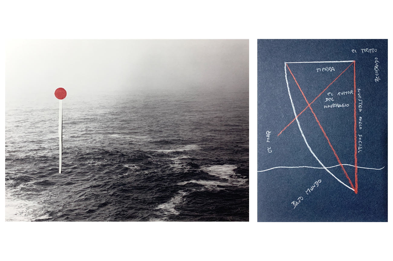 Enrique RamírezEl rumor, 2020Crayon pencil drawing on Terra Blue natural cardboard paper, lambda print, Dacron paper and adhesive decal30 x 40 cm (print), 27.9 x 21 cm (drawing)