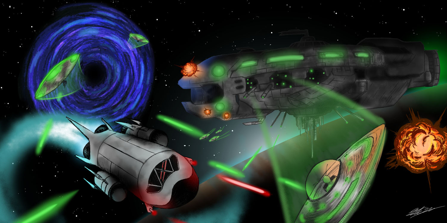 Space BattlePen & Ink + Digital Tools, 2199x1100, 2022