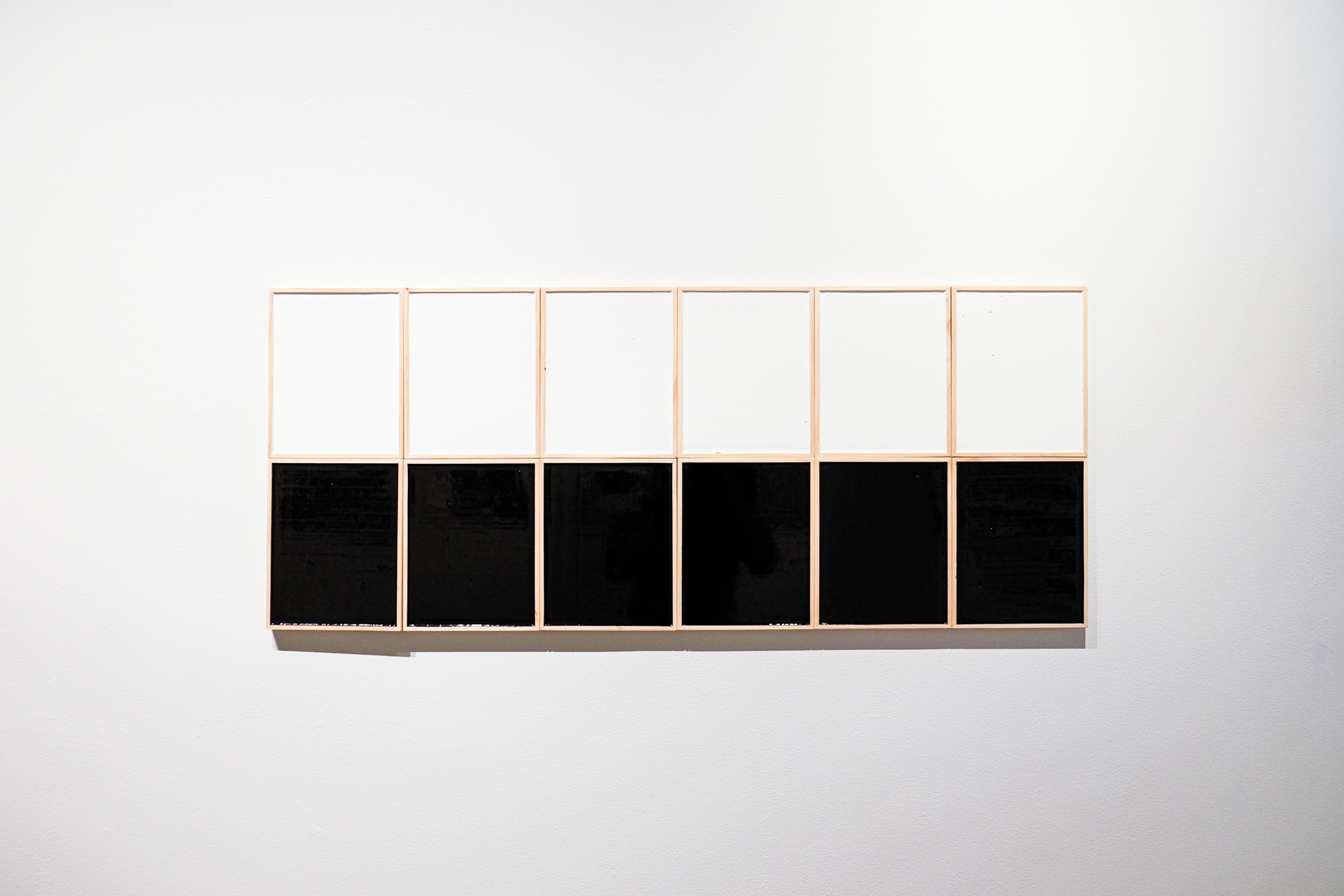 Just White 01 &mdash; 06 & Only Black 01 &mdash; 06, 2019, Acrylic on wood panel, 20 x 48 in, Installation view