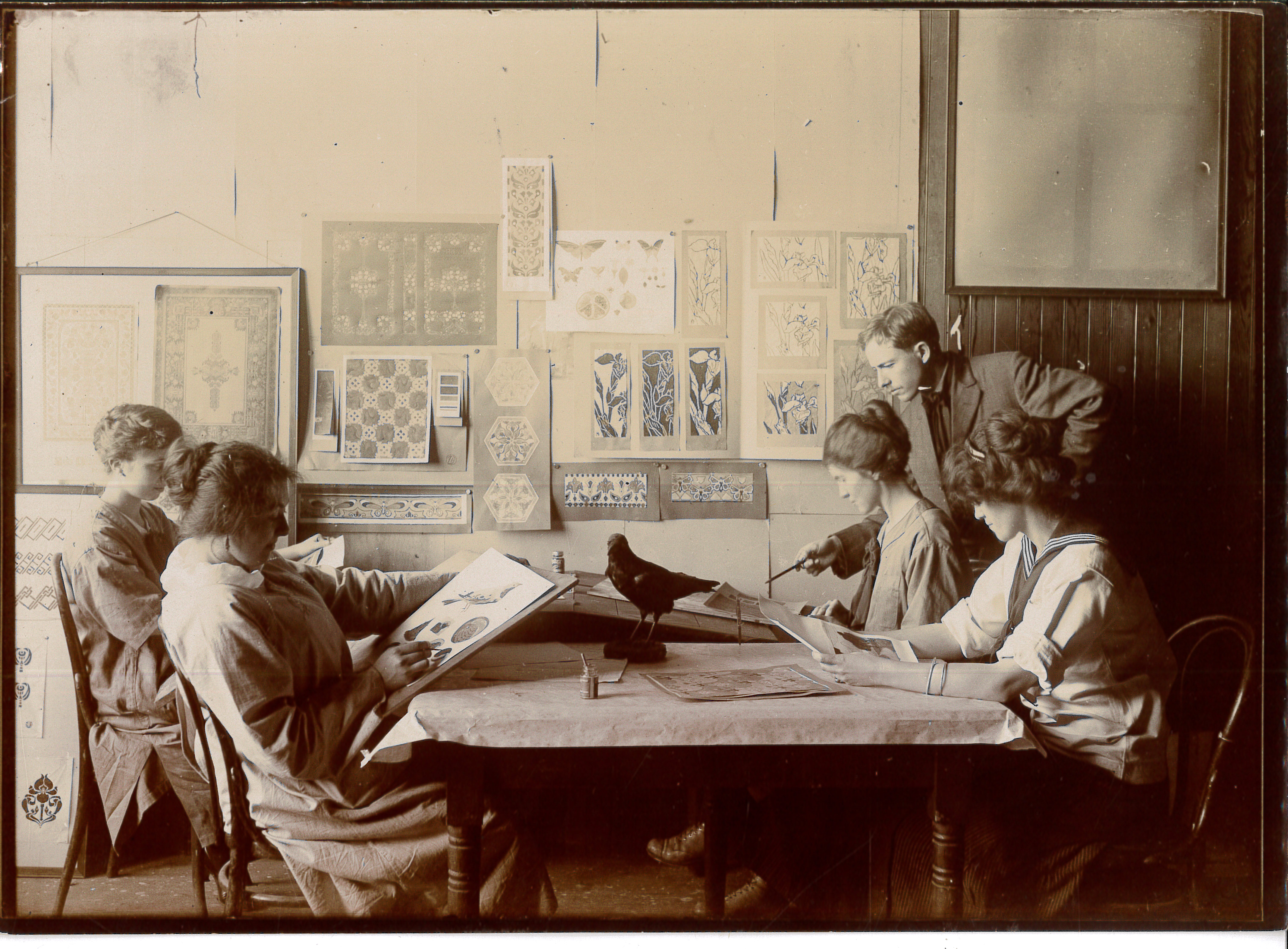 Graphic design course, c. 1915, reflects the heyday of the California Arts and Crafts movement. 