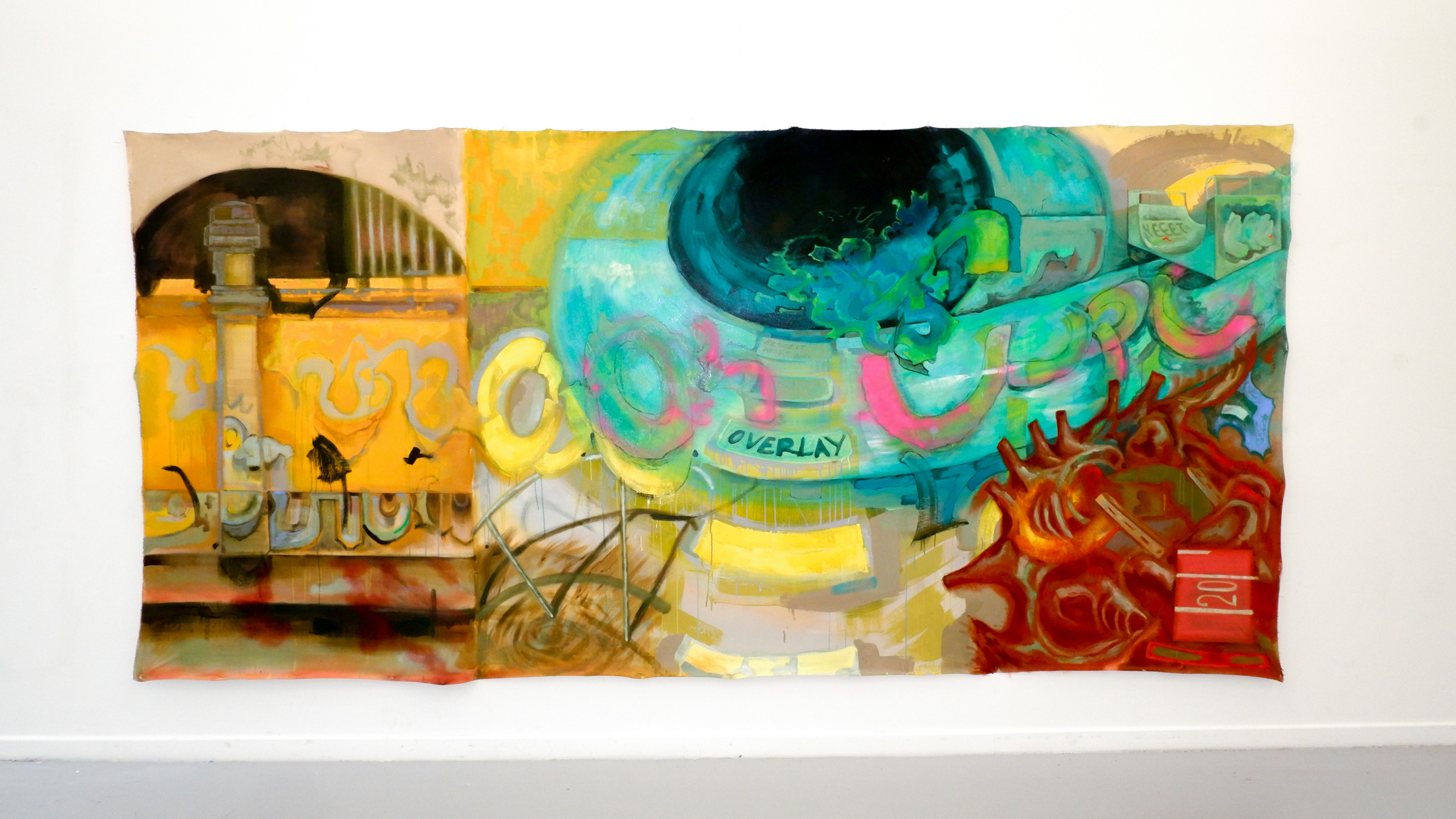 'Overlay[The Graffiti and the Gaps in the Railings Reveal]', Oil on Canvas, 3.7m x 2m, January 2023.