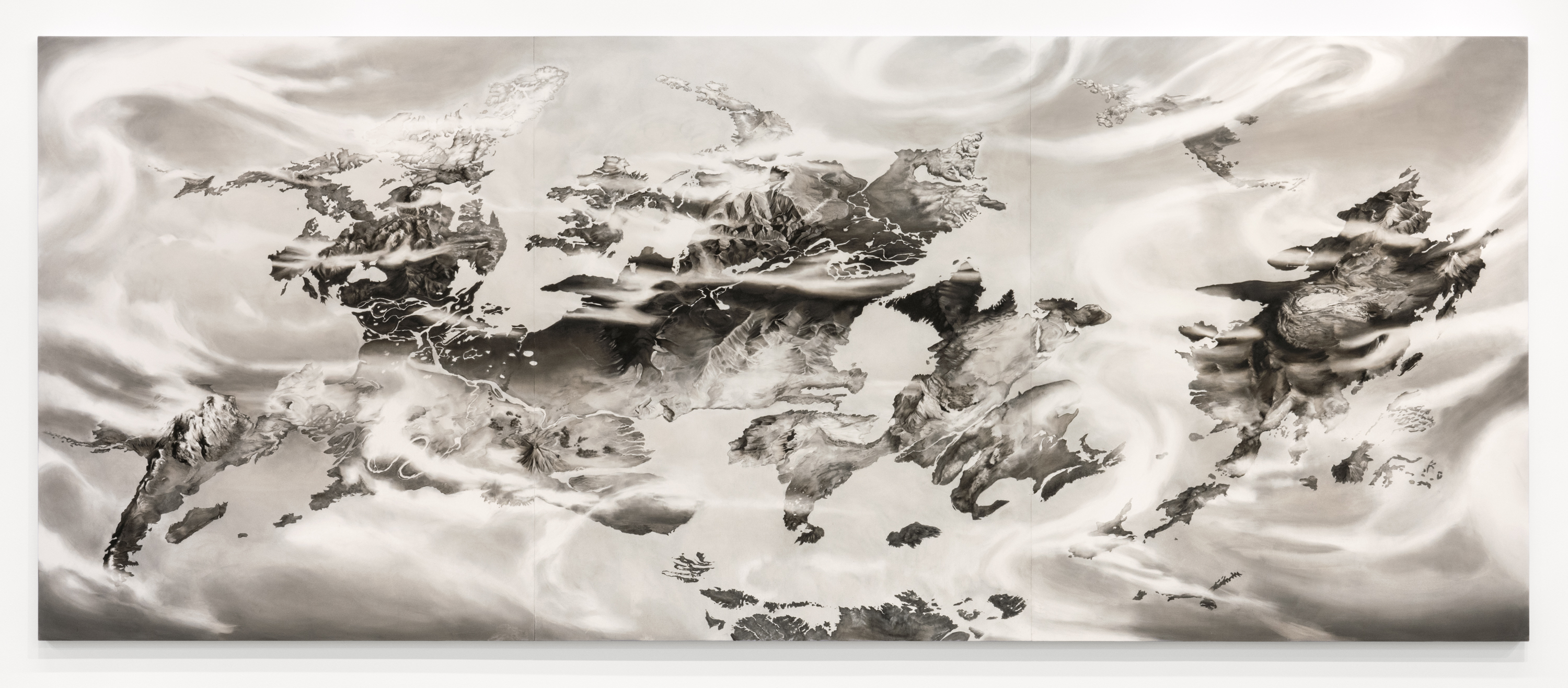 Inventaire (terrains, côtes, reliefs, climats, distances). 2023. Charcoal on canvas / fusain sur toile. 90" x 222" (229 x 564cm)