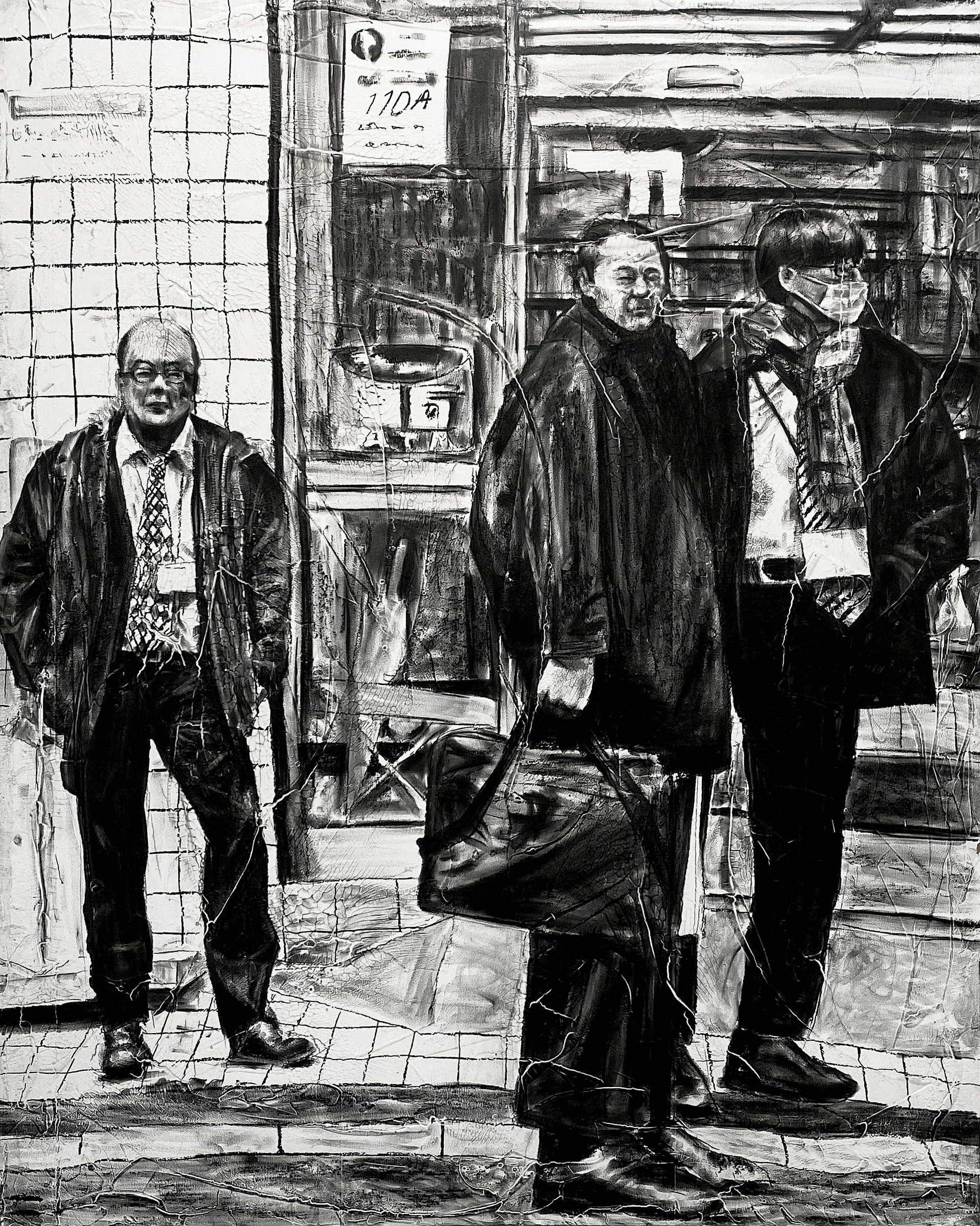 Three men in Fukuoka, 2019, charcoal, industrial paint on abandoned wood panel, 162.5*130(cm)
