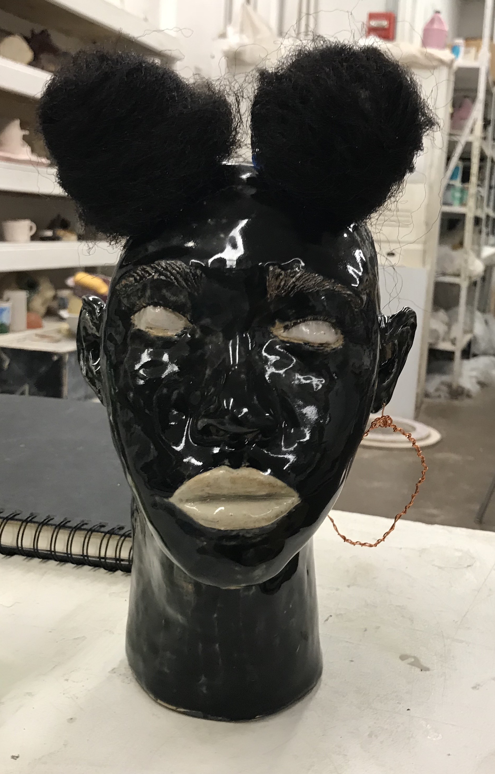 Self Portrait Mixed Media Bust, Ceramic, Braiding Hair, Wire