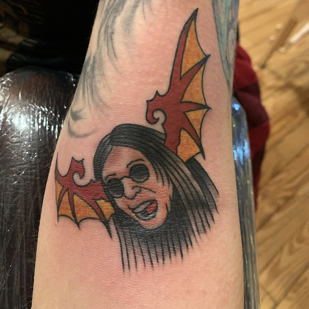 Were putting an Ozzy decal bat tattoo on our good friend and awesome  entertainer Wee Matt at our shop today during the Ozzy Osborne Tattoo  and  By Trip Ink Tattoo Company 