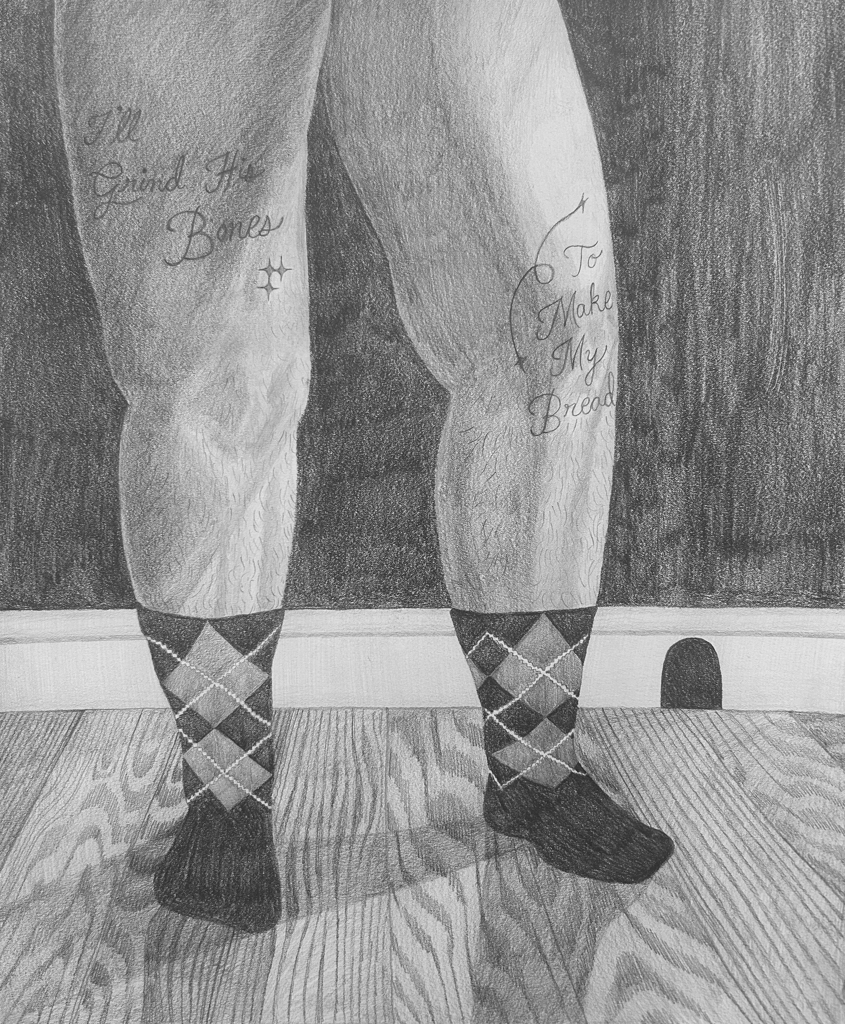 "MY BIG LEGS ARE FOR STOMPING" graphite on paper, 14"x17", May 2025.