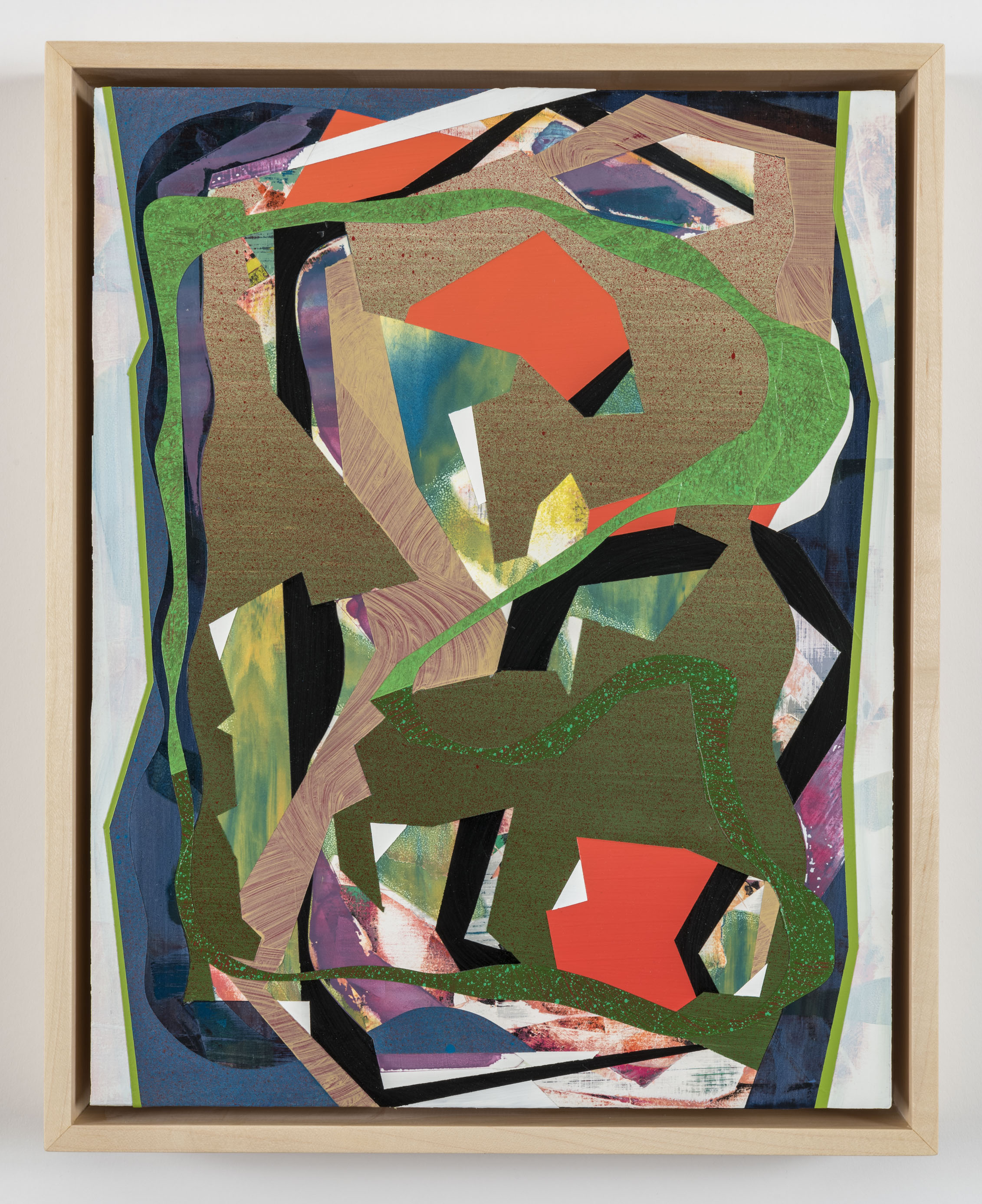 Misplaced Exuberance, 2019, acrylic, Flashe paint, oil, spray paint, and silkscreen on panel, 14 &times; 11".